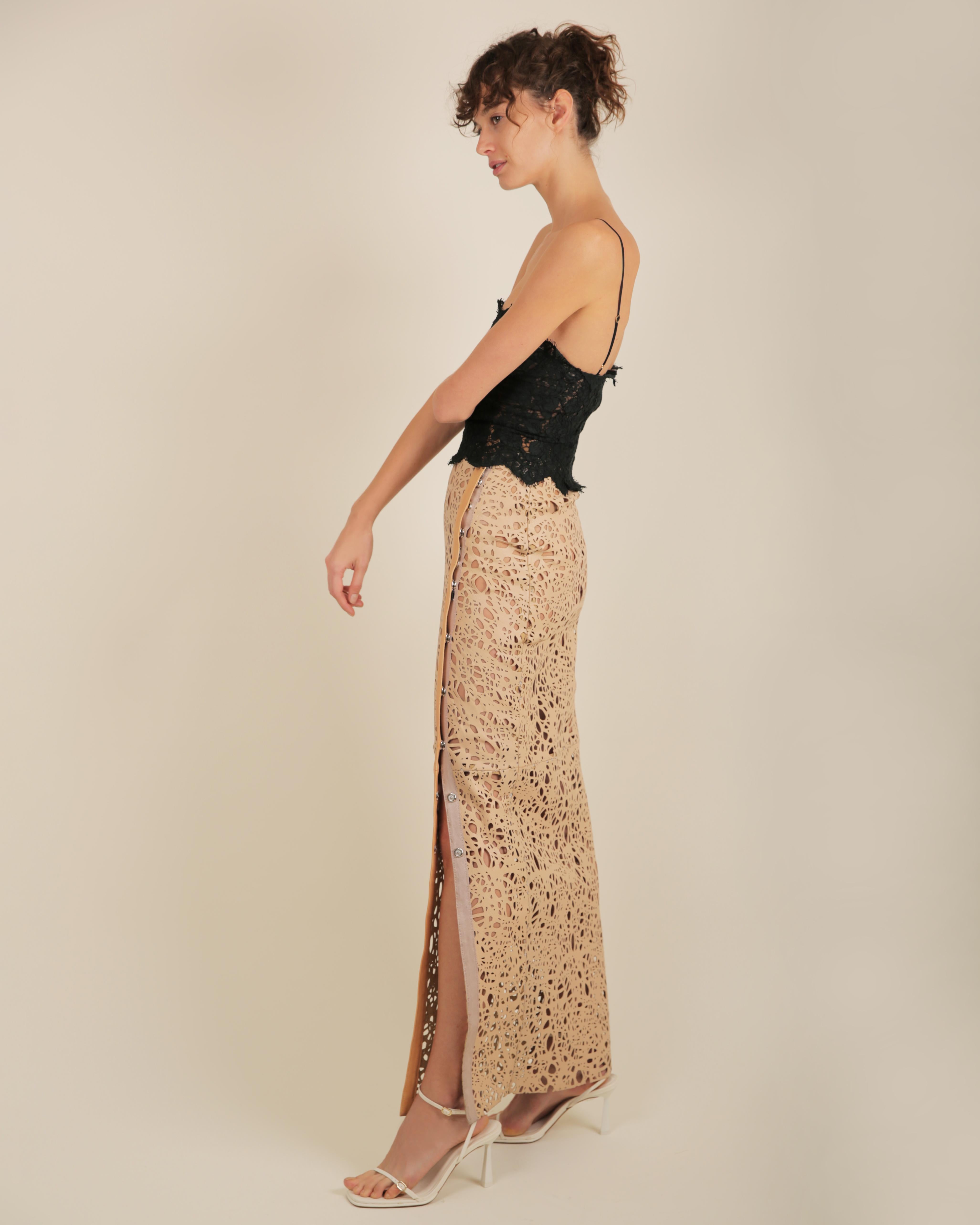 Thomas Wylde tan beige leather laser cut out high waisted slit maxi skirt XS For Sale 8