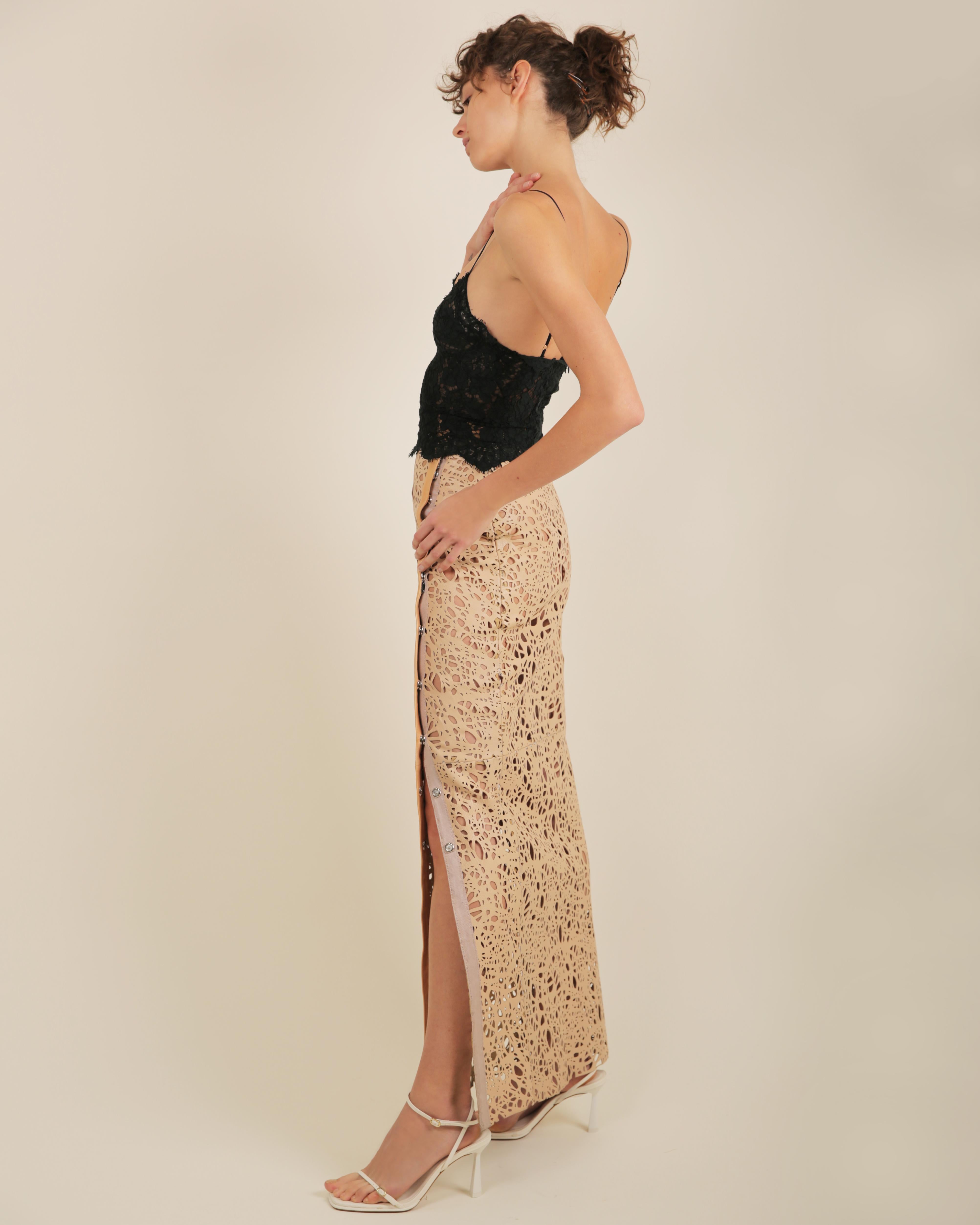 Thomas Wylde tan beige leather laser cut out high waisted slit maxi skirt XS For Sale 9