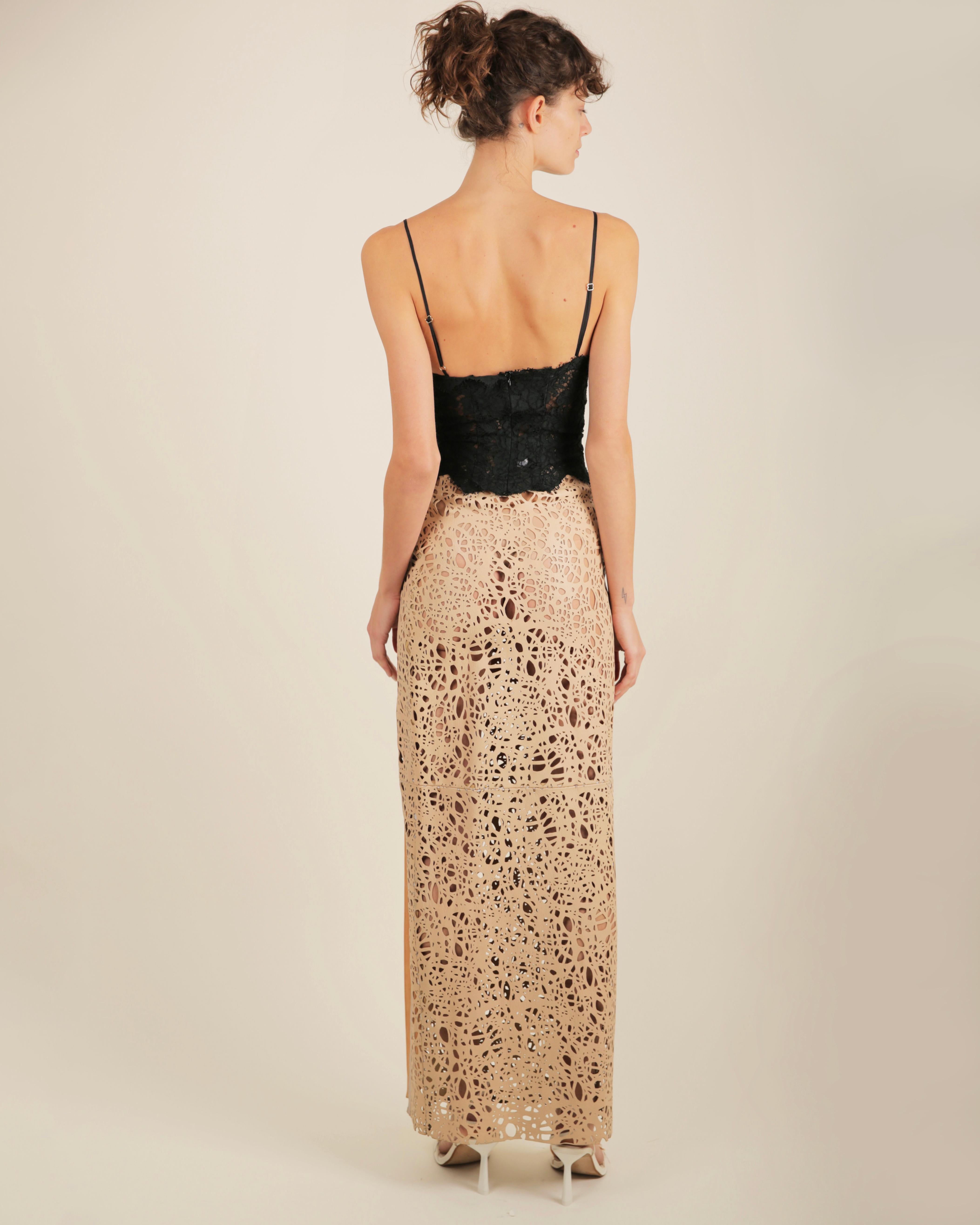 Thomas Wylde tan beige leather laser cut out high waisted slit maxi skirt XS For Sale 10