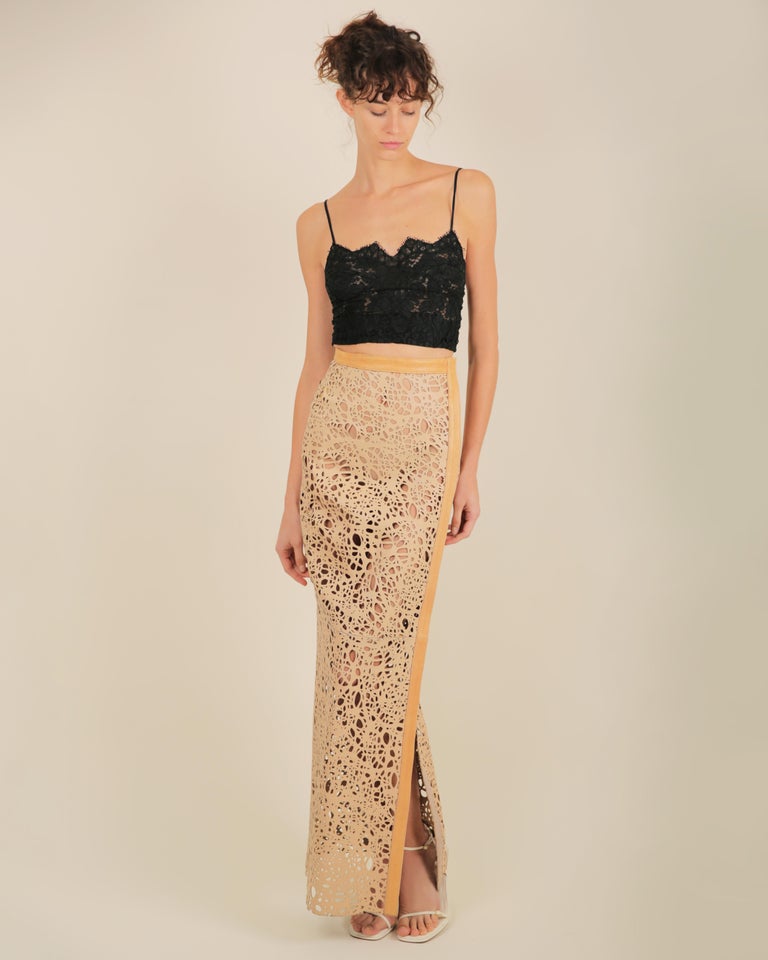 Thomas Wylde Tan Beige Leather Laser Cut Out High Waisted Slit Maxi Skirt Xs