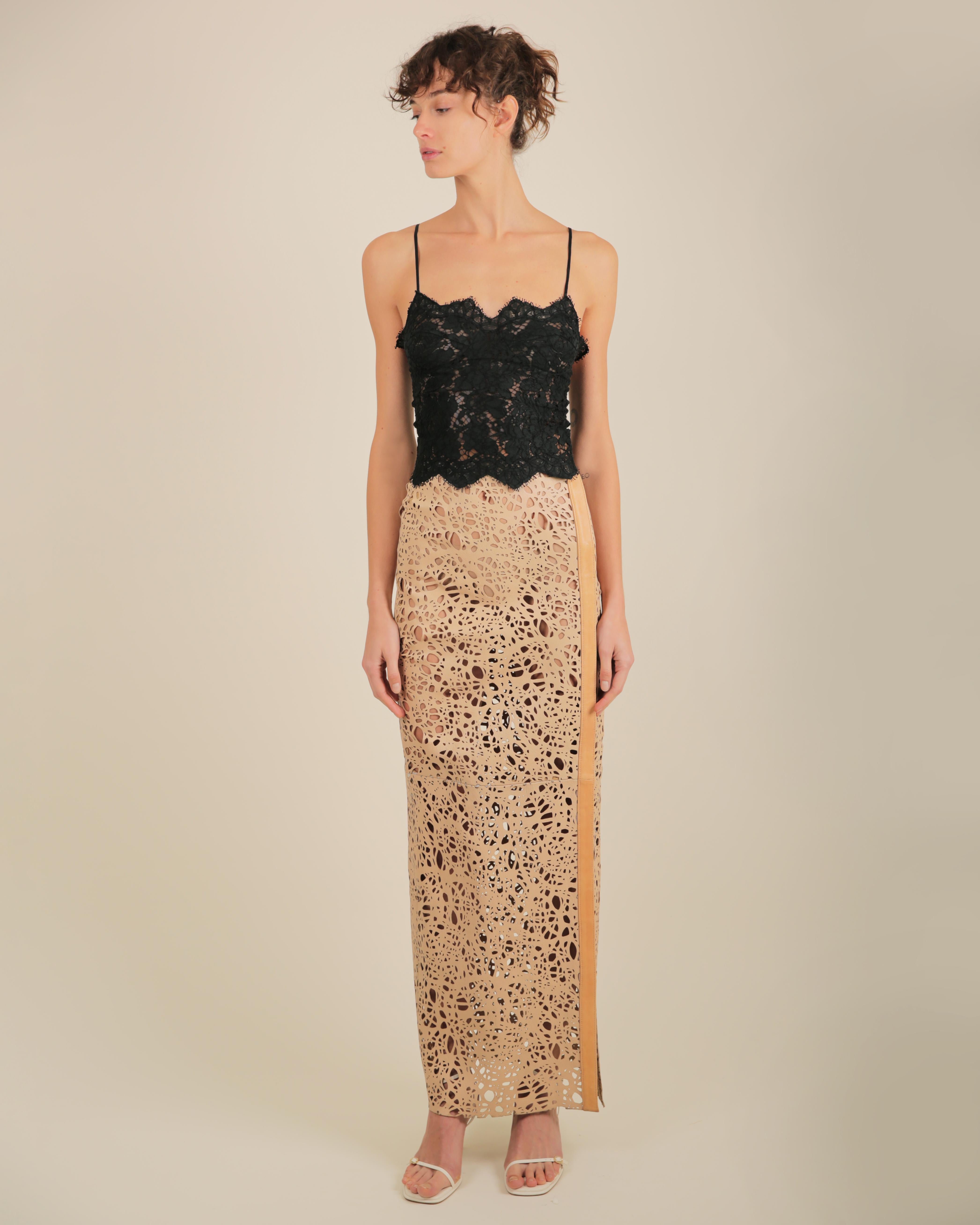 Women's Thomas Wylde tan beige leather laser cut out high waisted slit maxi skirt XS For Sale