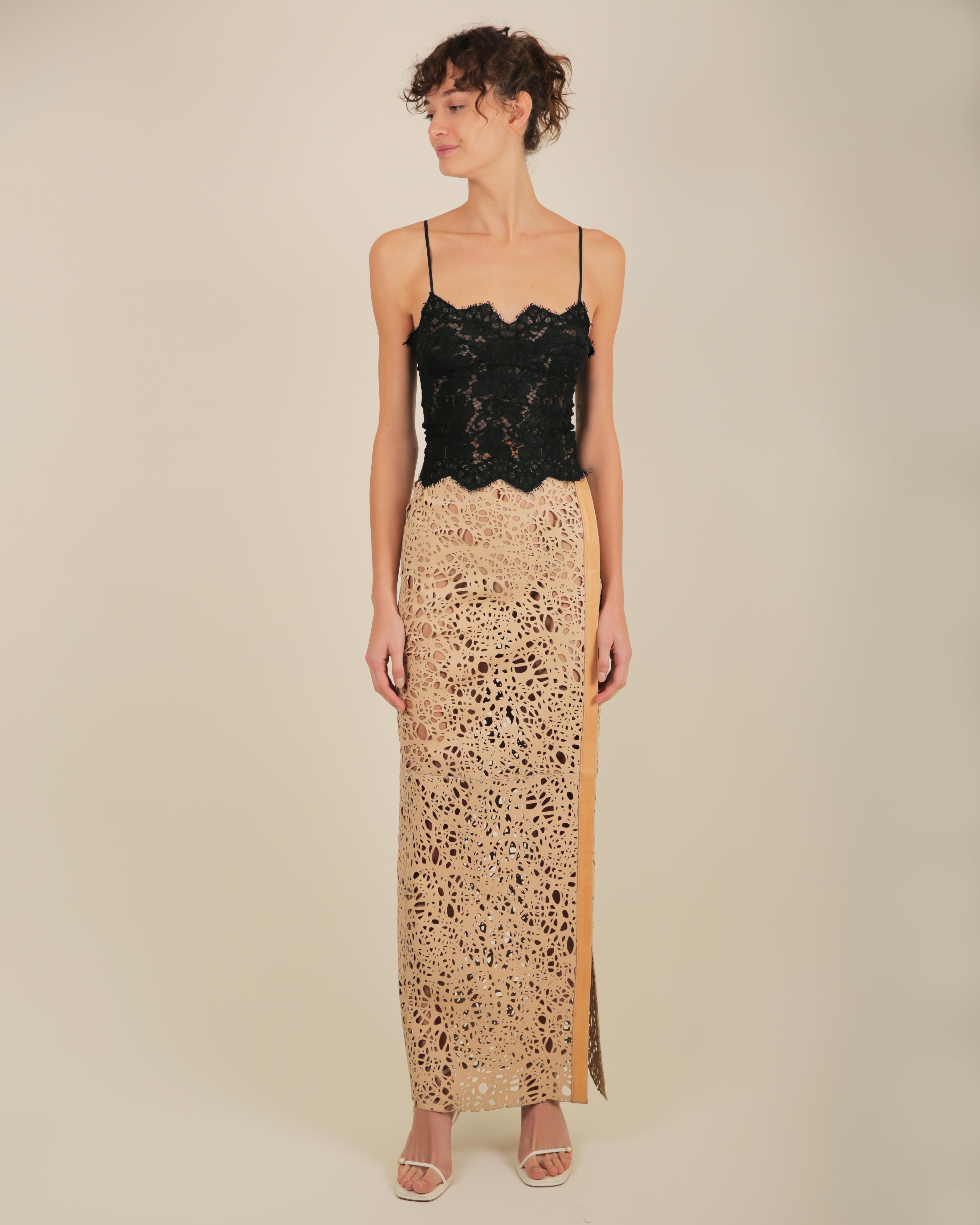 Thomas Wylde tan beige leather laser cut out high waisted slit maxi skirt XS For Sale 1