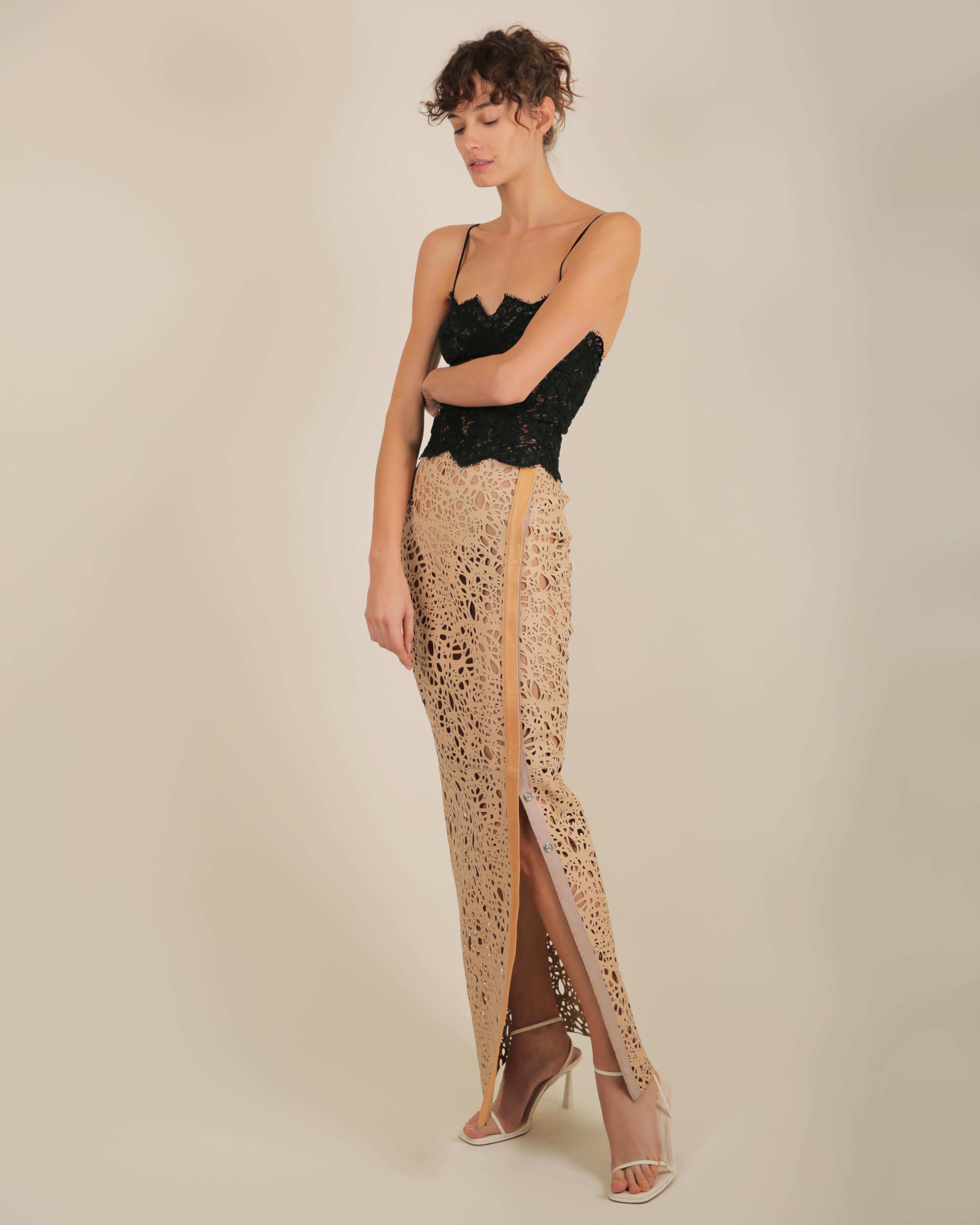 Thomas Wylde tan beige leather laser cut out high waisted slit maxi skirt XS For Sale 1