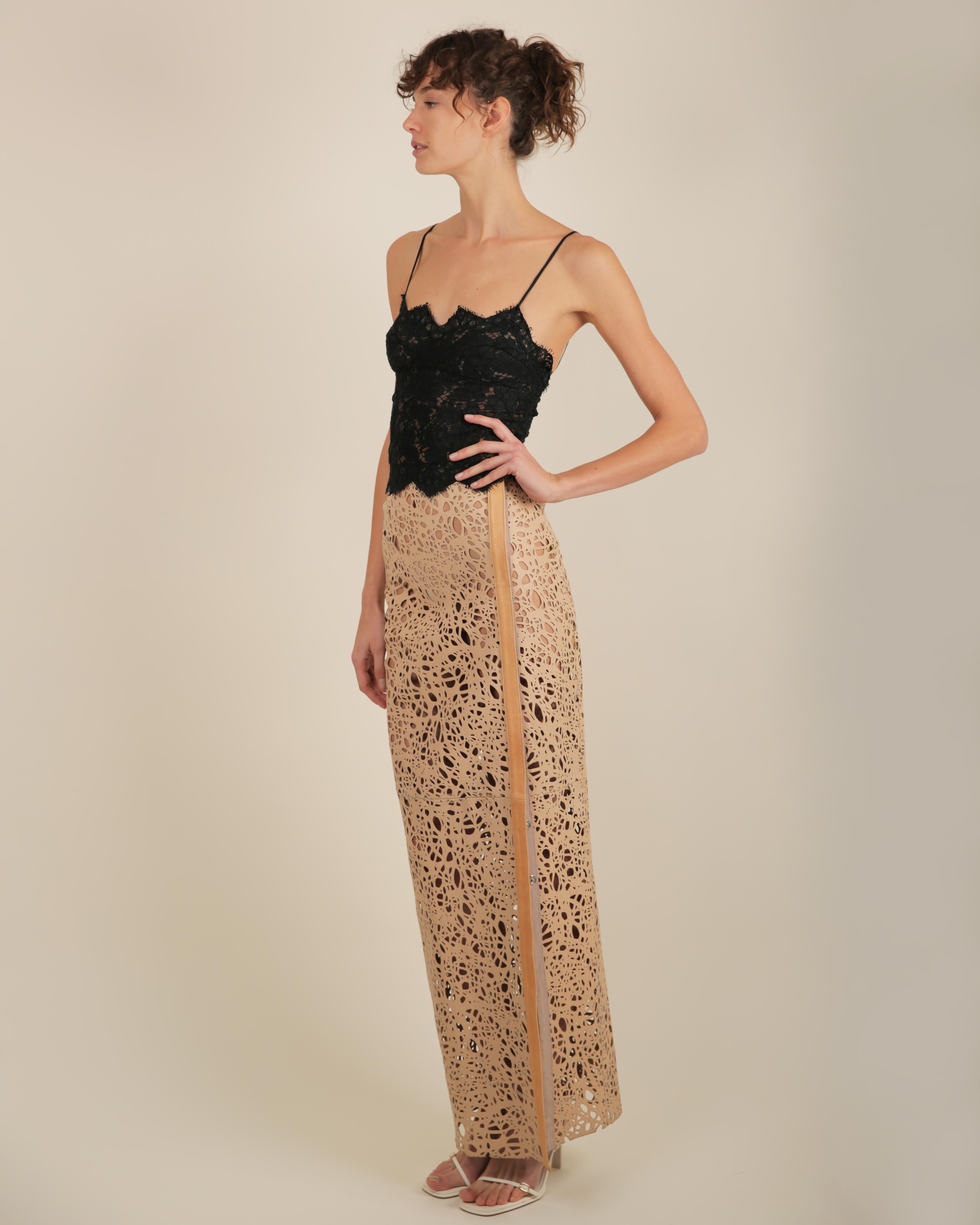 Thomas Wylde tan beige leather laser cut out high waisted slit maxi skirt XS For Sale 2