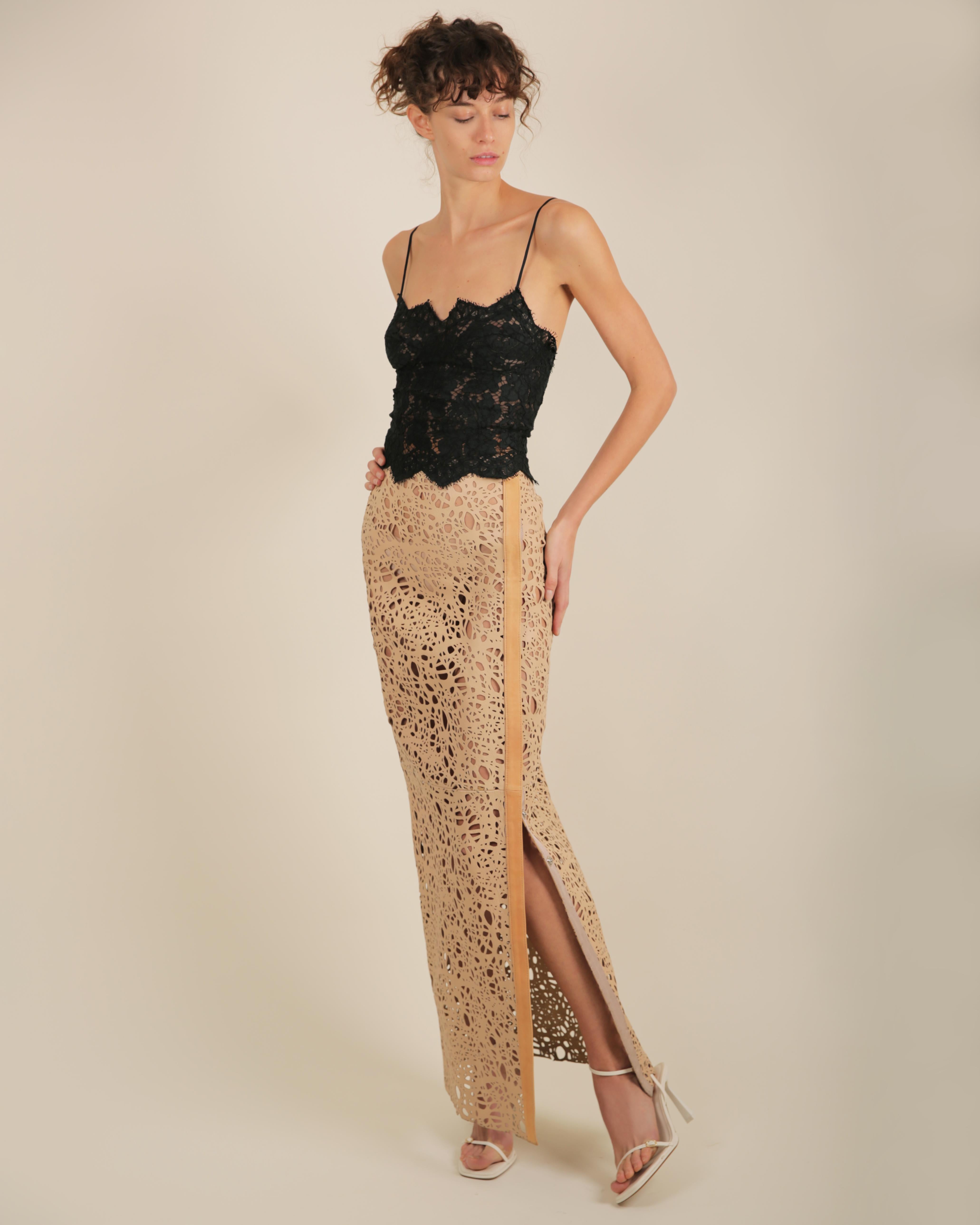 Thomas Wylde tan beige leather laser cut out high waisted slit maxi skirt XS For Sale 5