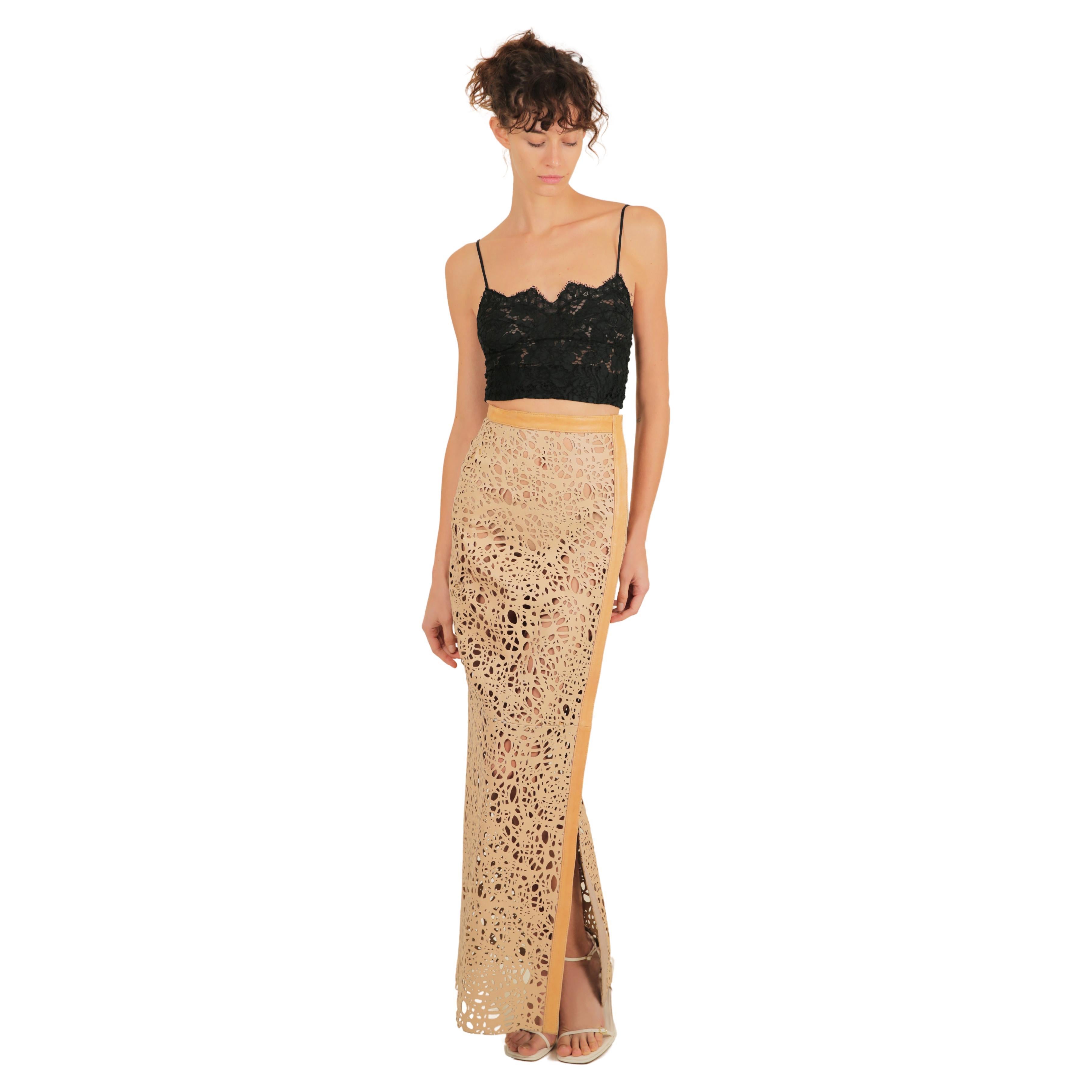Thomas Wylde tan beige leather laser cut out high waisted slit maxi skirt XS For Sale