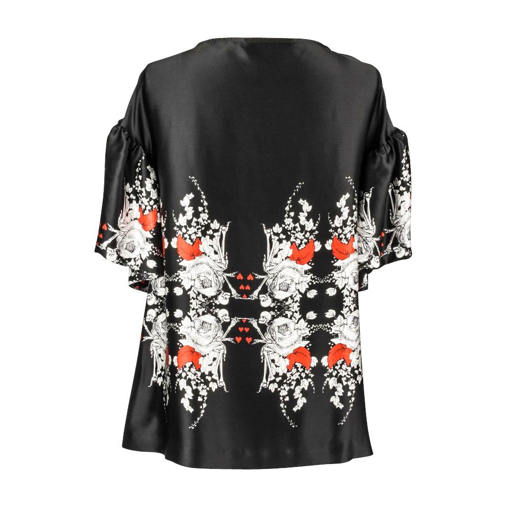 Thomas Wylde Top Black White Skeletons Red Hearts Silk S  4