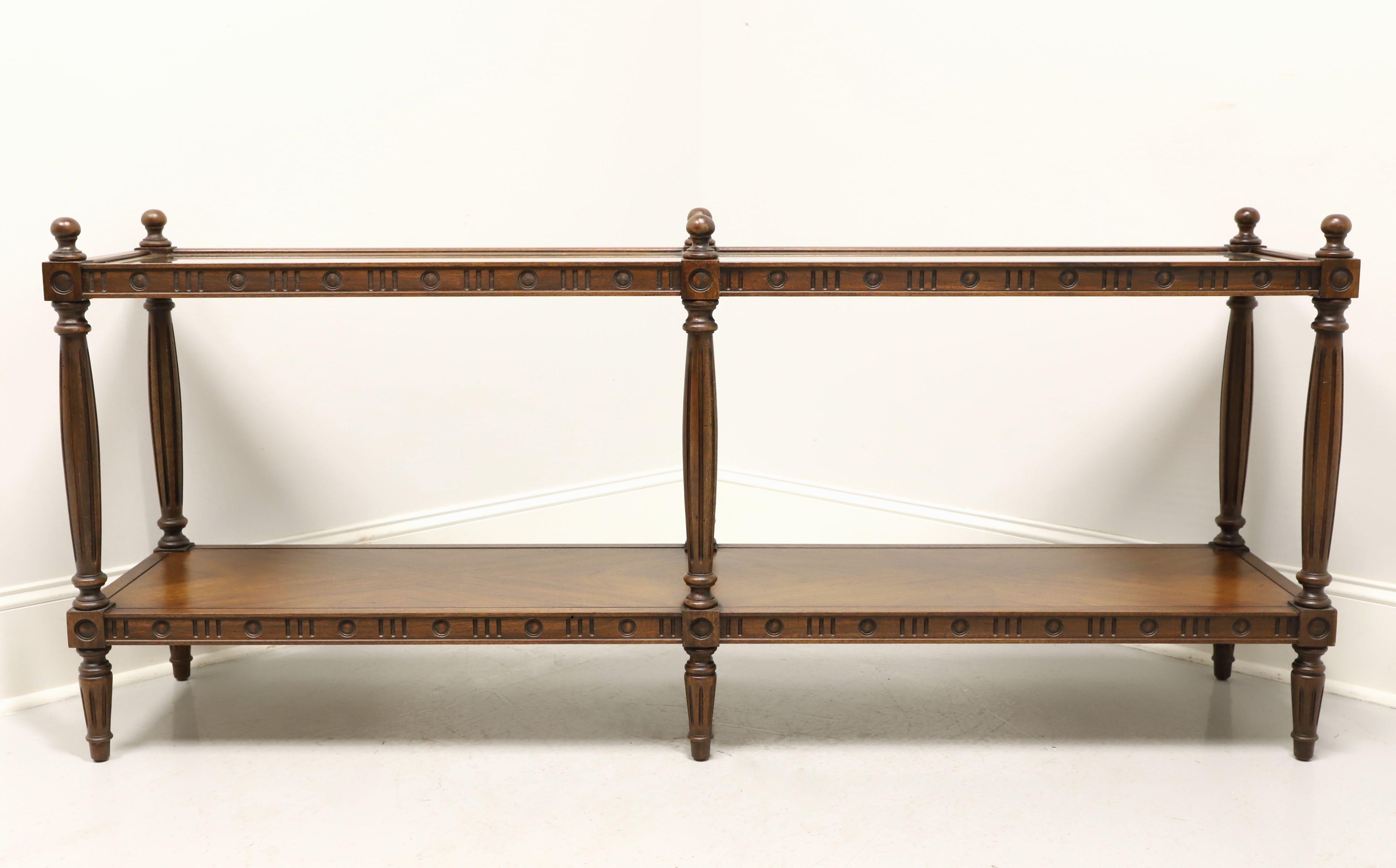 American THOMASVILLE 1960's Walnut Neoclassical Caned Glass Top Two-Tier Console Table