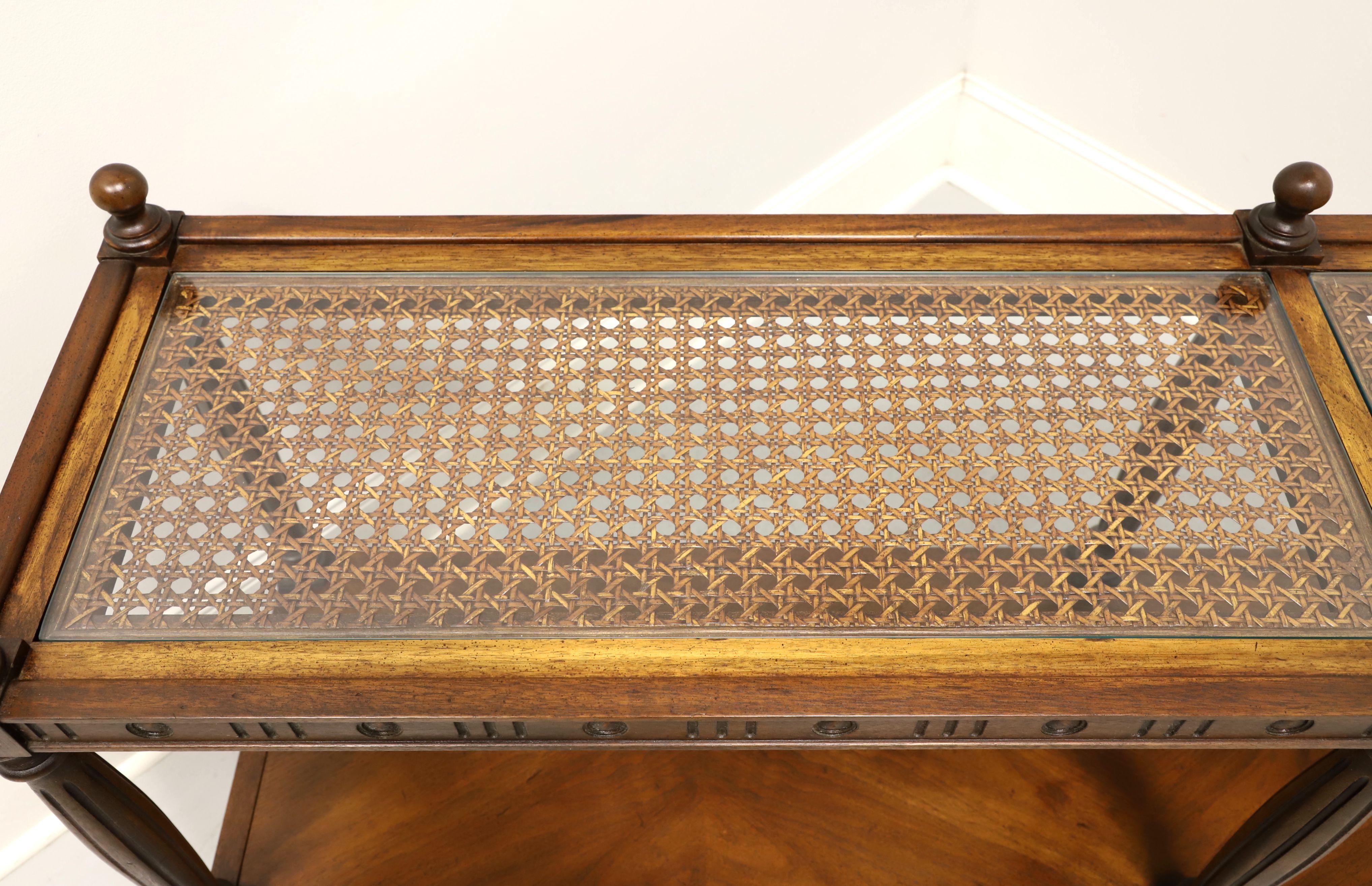 THOMASVILLE 1960's Walnut Neoclassical Caned Glass Top Two-Tier Console Table In Good Condition In Charlotte, NC