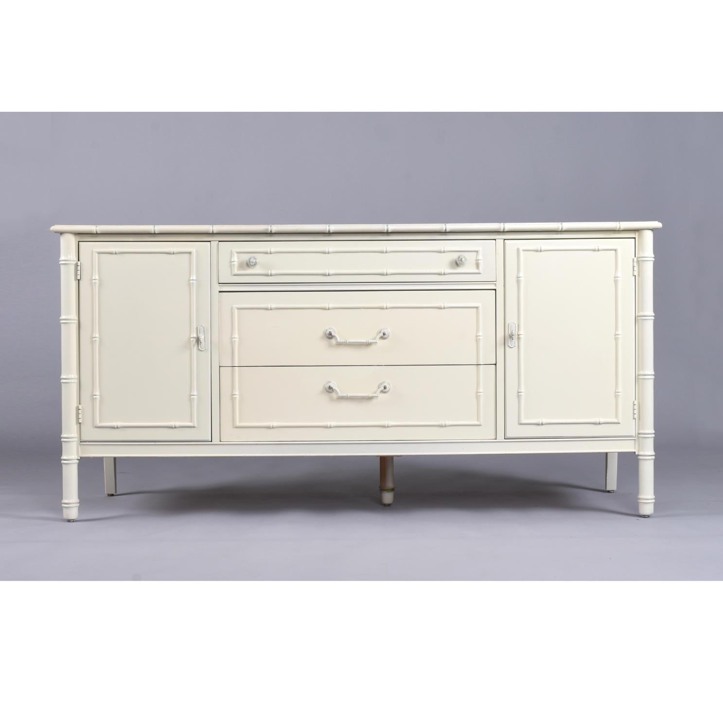 Hollywood Regency Thomasville Allegro Cream Color Faux Bamboo Fretwork Credenza