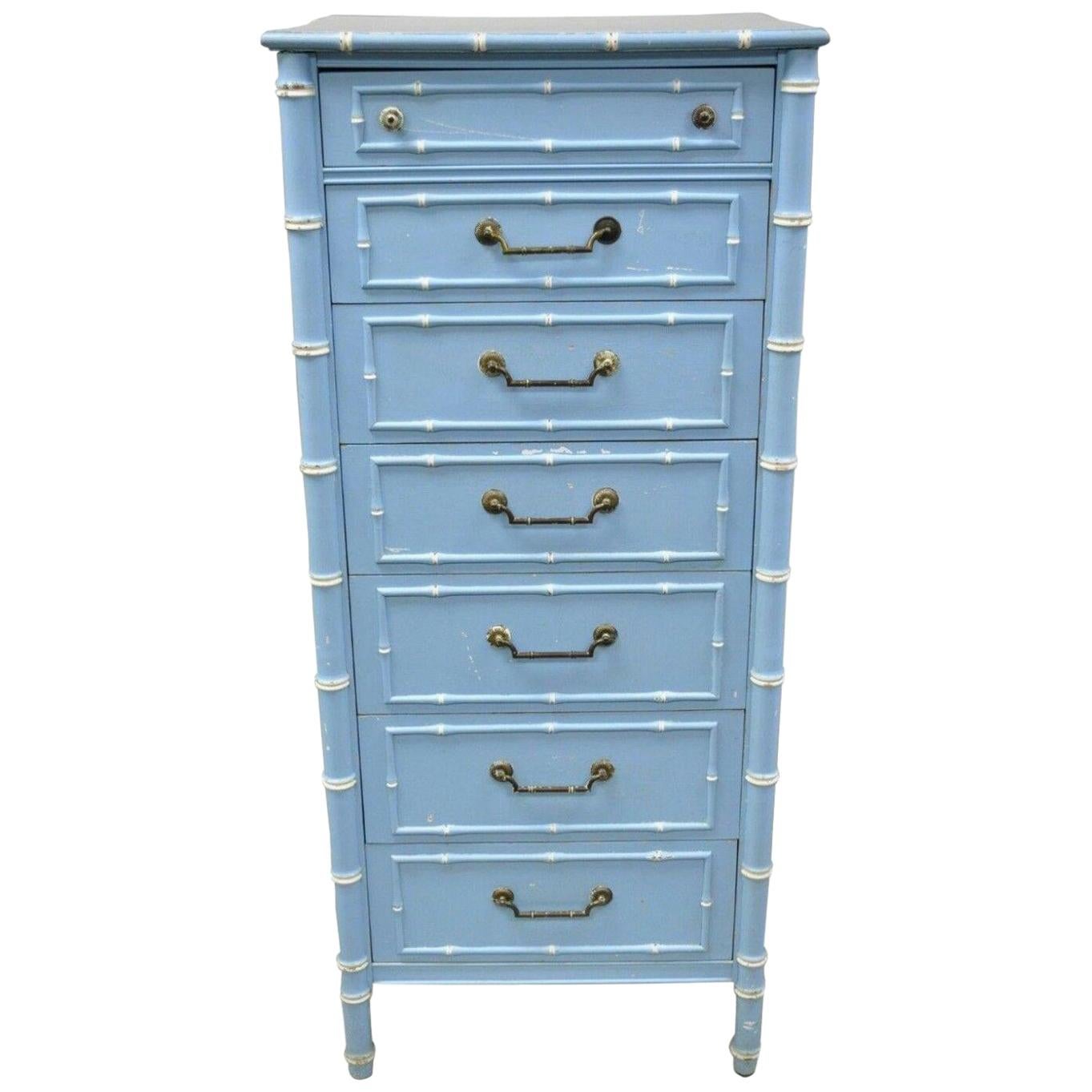 Thomasville Allegro Faux Bamboo 7 Drawer Blue Painted Tall Lingerie Chest