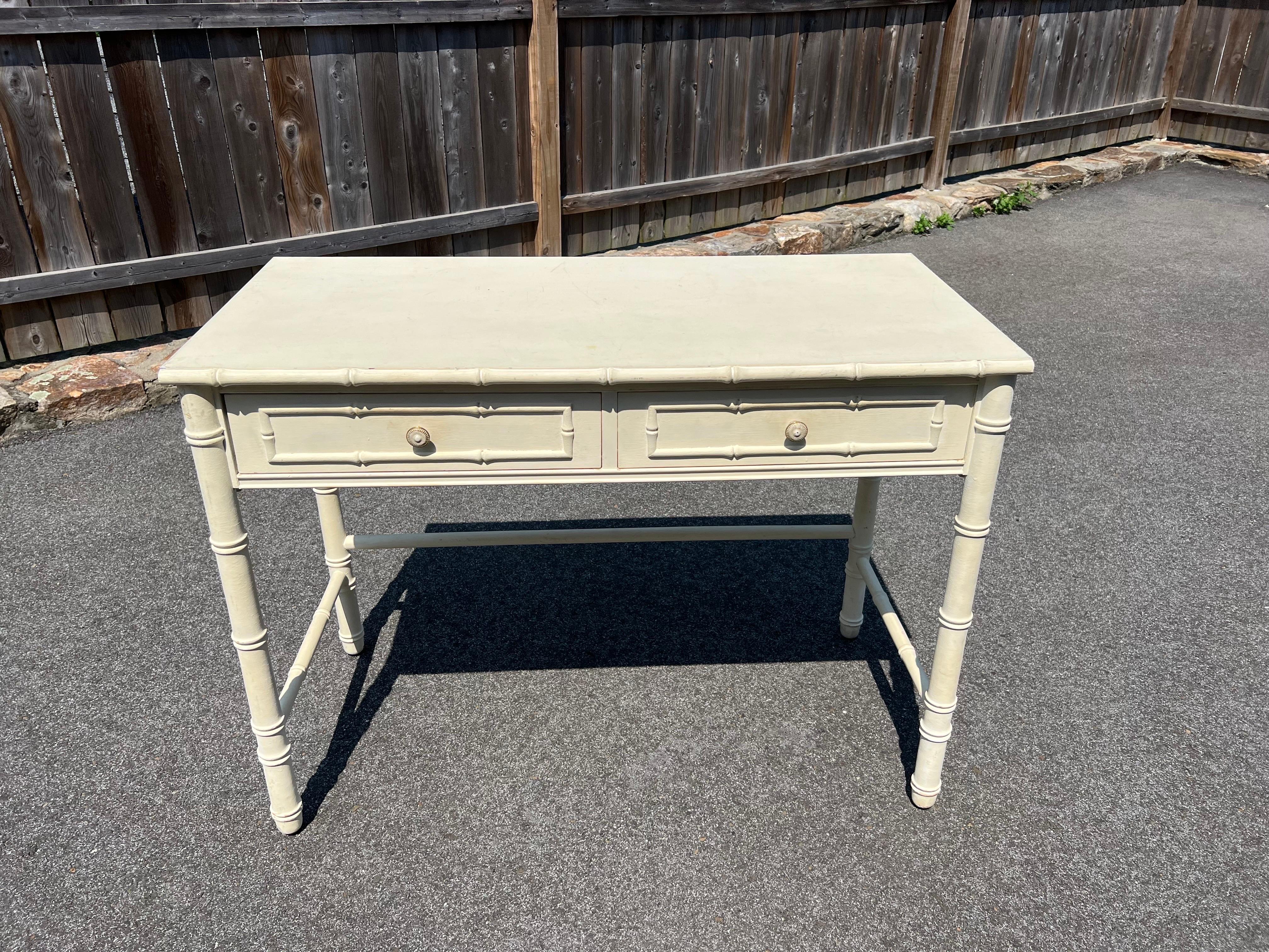 Thomasville Allegro Faux Bamboo Desk. Classic two drawer coastal style desk with faux bamboo accents. The perfect ladies writing desk with two upper drawers. Perfect size! Not too big but not too small. 