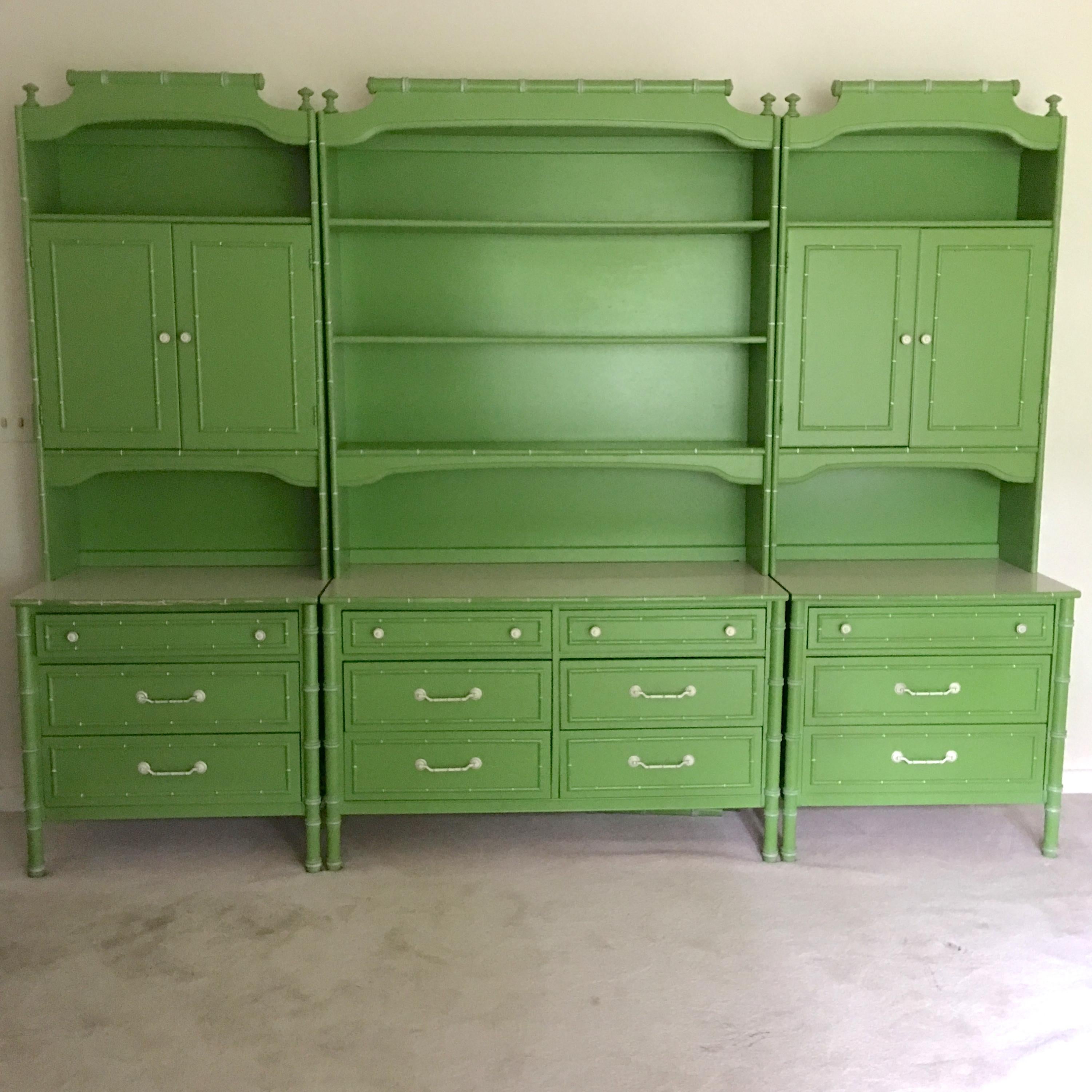Three Hollywood Regency faux bamboo dressers with hutches. Many uses for this original 1970s storage and display system by Thomasville from their Allegro collection in bright green with white striated laminated tops to the three chests of