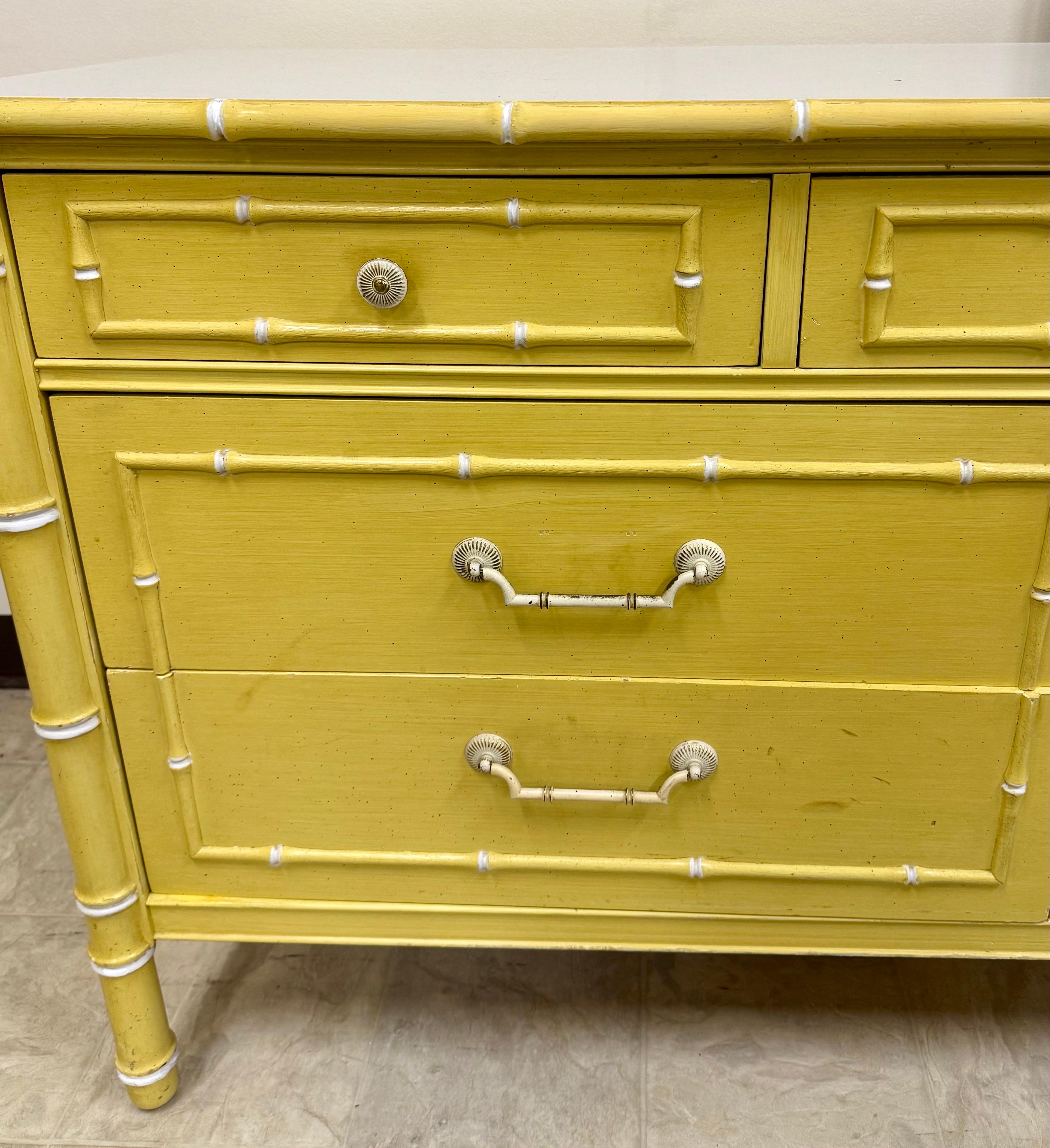 Mid-Century Modern Thomasville Allegro Faux Bamboo Yellow 7 Drawer Dresser Chest