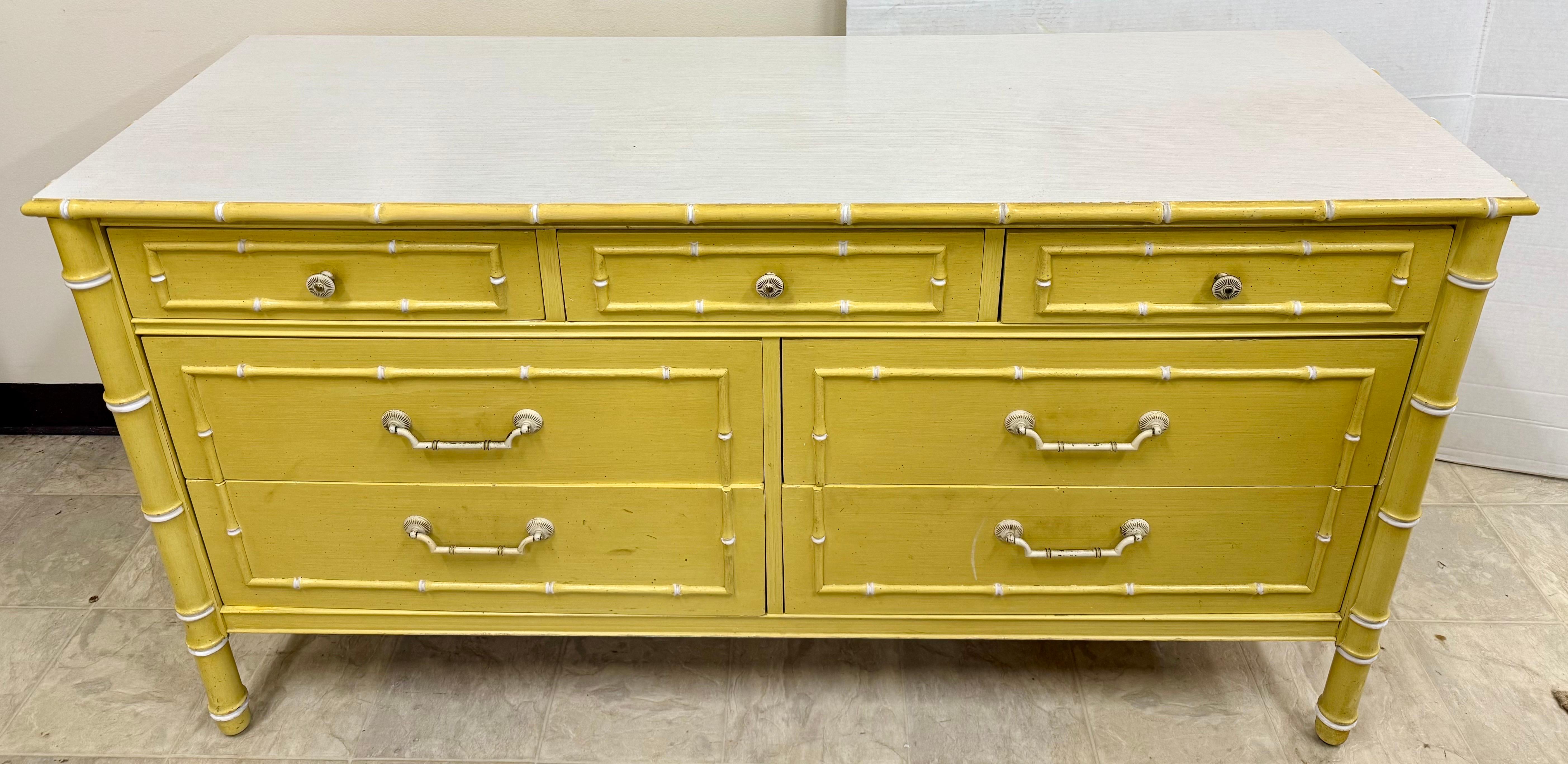 American Thomasville Allegro Faux Bamboo Yellow 7 Drawer Dresser Chest