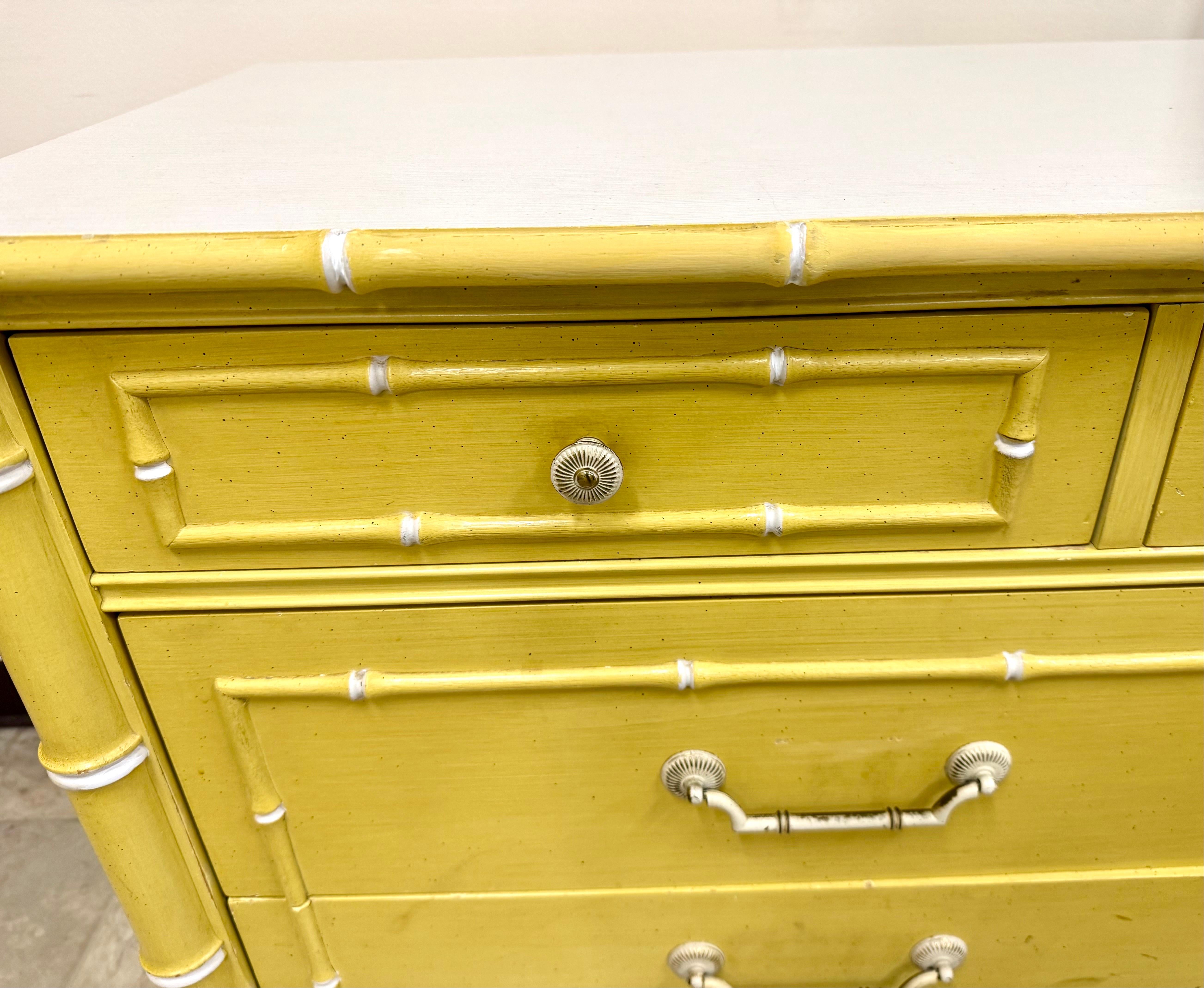 Thomasville Allegro Faux Bamboo Yellow 7 Drawer Dresser Chest In Good Condition In West Hartford, CT
