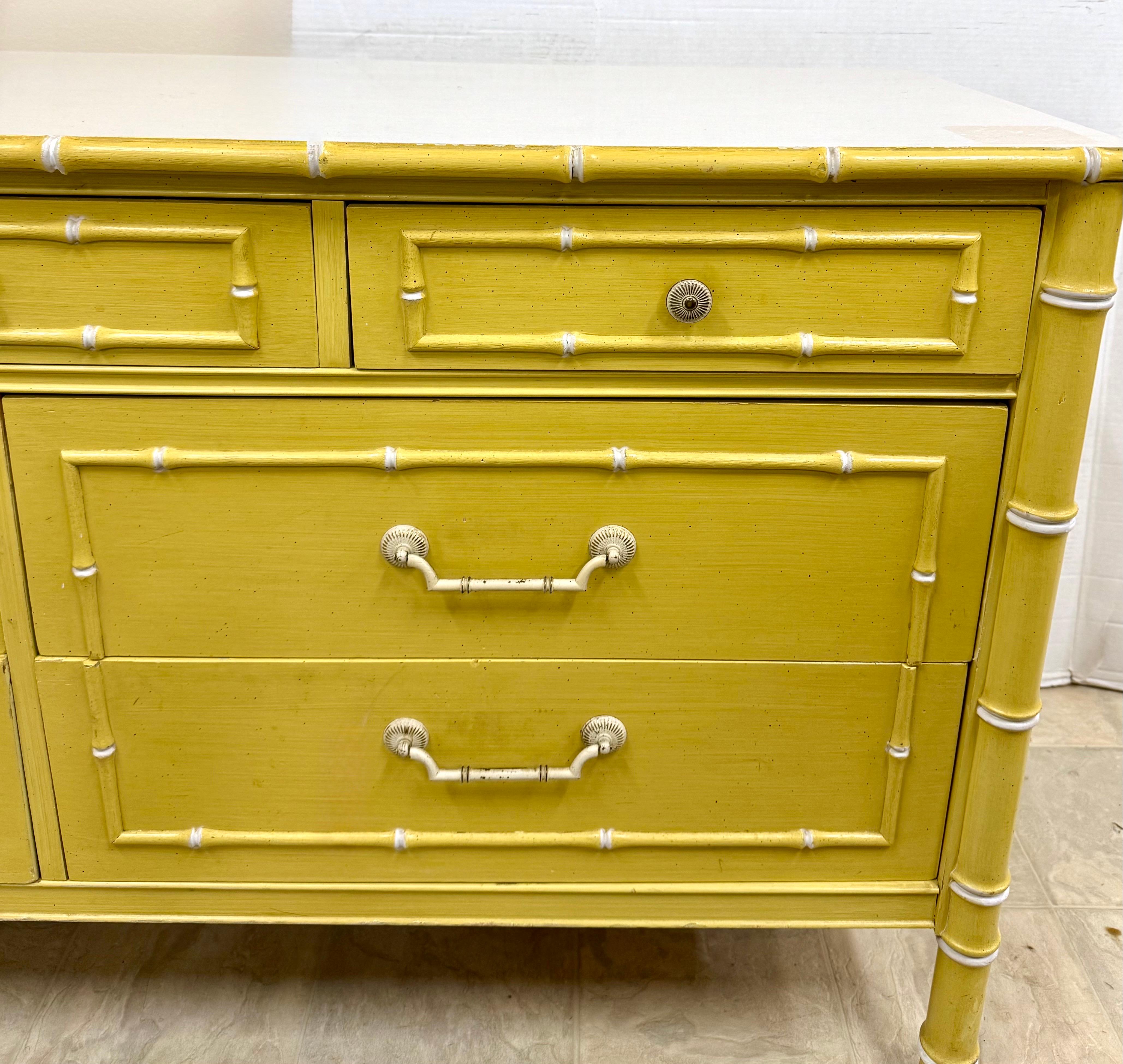 Mid-20th Century Thomasville Allegro Faux Bamboo Yellow 7 Drawer Dresser Chest