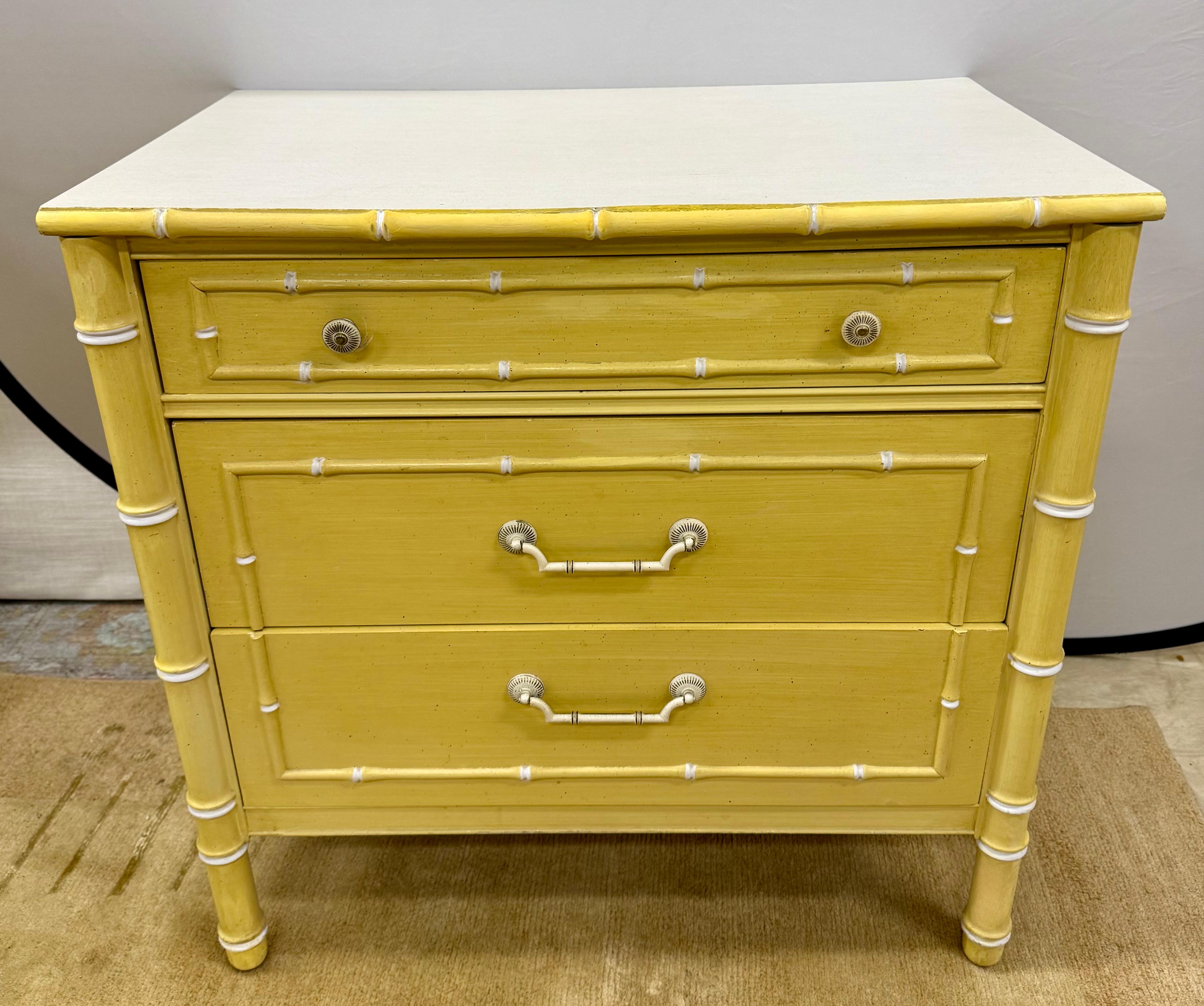 Mid-Century Modern Thomasville Allegro Midcentury Yellow Faux Bamboo Small Chest Commode Nightstand For Sale