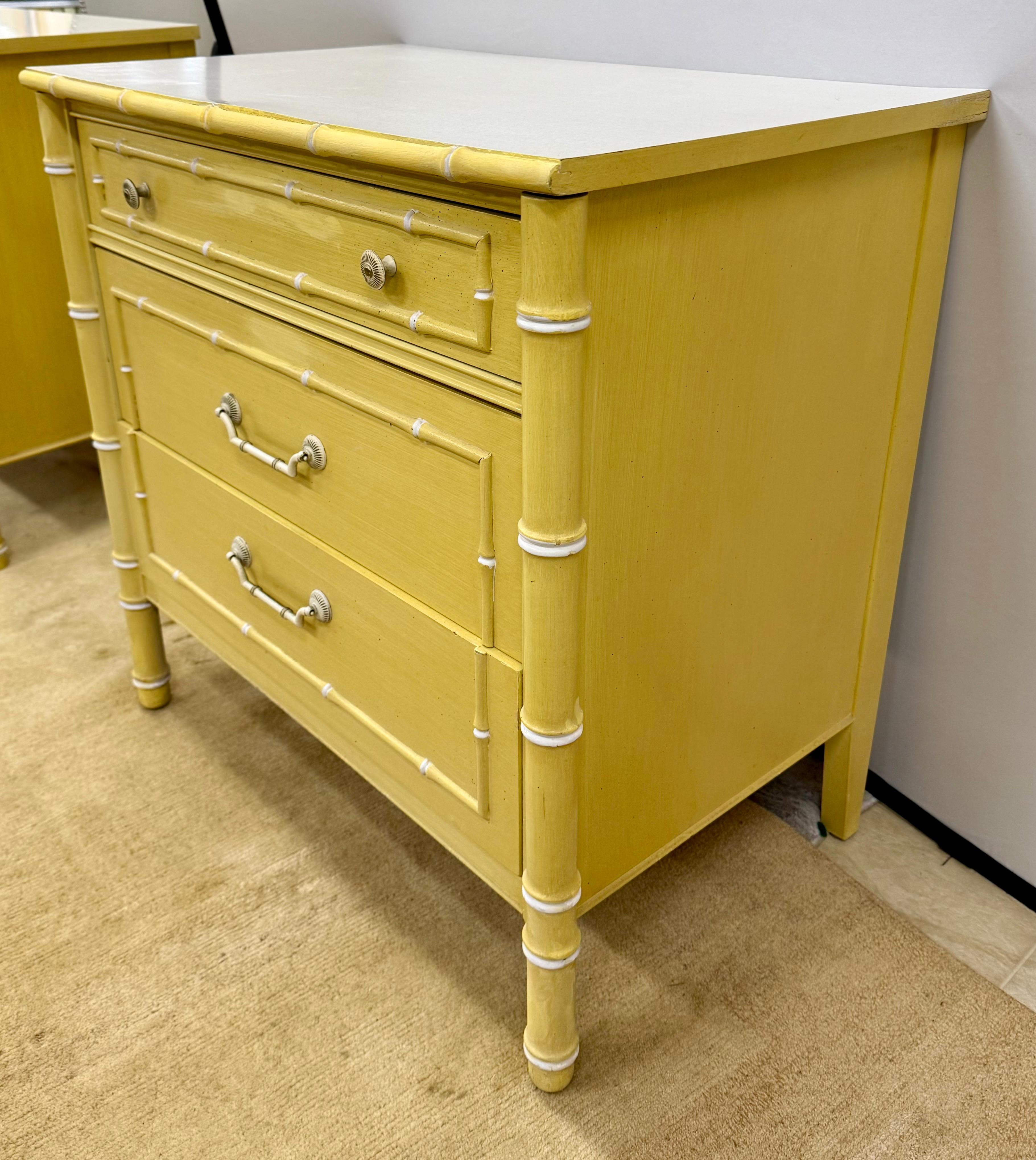 Thomasville Allegro Midcentury Yellow Faux Bamboo Small Chest Commode Nightstand For Sale 1