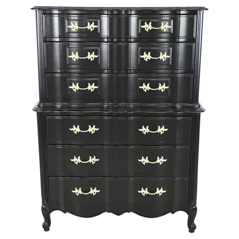 Thomasville Black Lacquered French Provincial Highboy Dresser For Sale