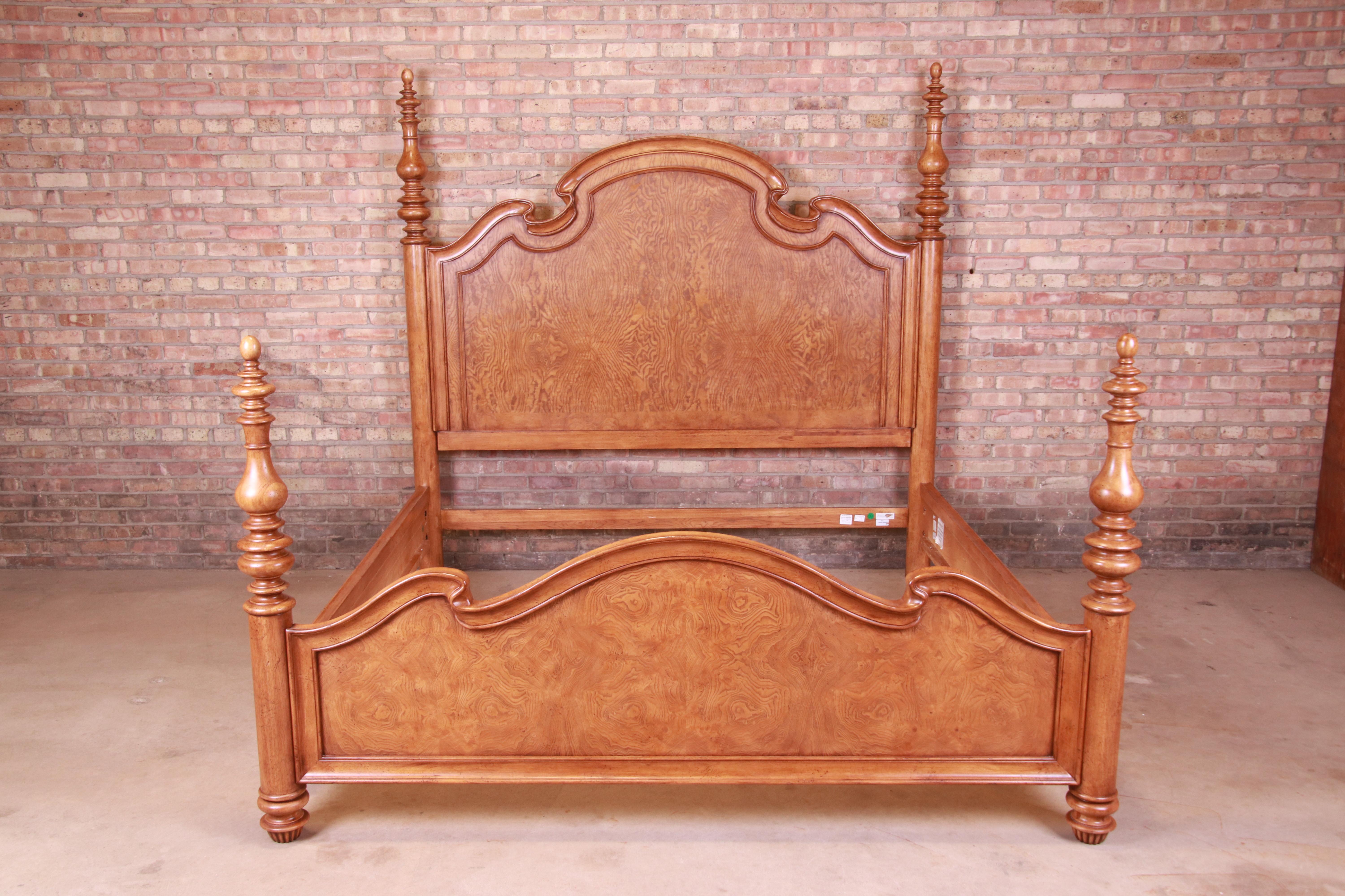 A gorgeous burl wood king size poster bed

By Thomasville

Circa 1990s

Measures: 83.5