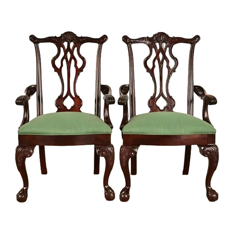 Thomasville Chippendale Carved Mahogany Armchairs, Pair