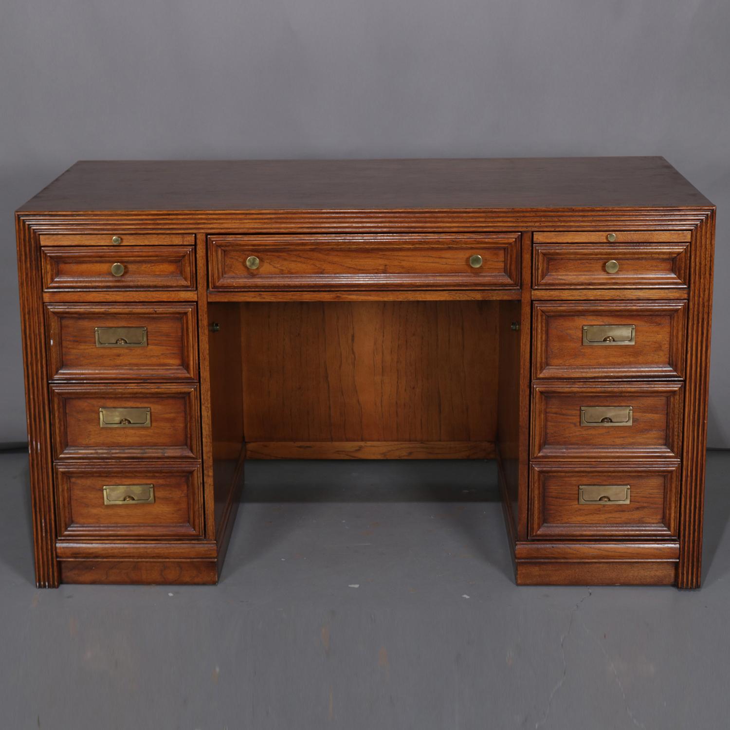 Thomasville Double Pedestal Oak Campaign Desk with Chair 20th Century