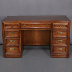 Thomasville Double Pedestal Oak Campaign Desk with Chair, 20th Century