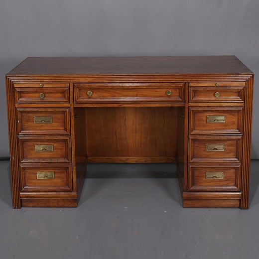Thomasville Double Pedestal Oak Campaign Desk With Chair 20th