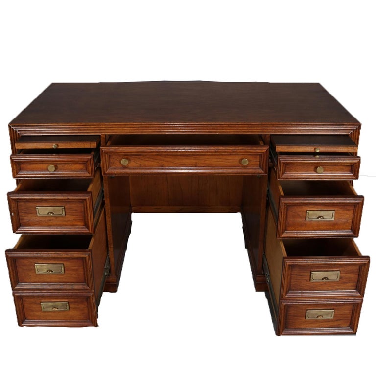 Thomasville Double Pedestal Oak Campaign Desk With Chair 20th