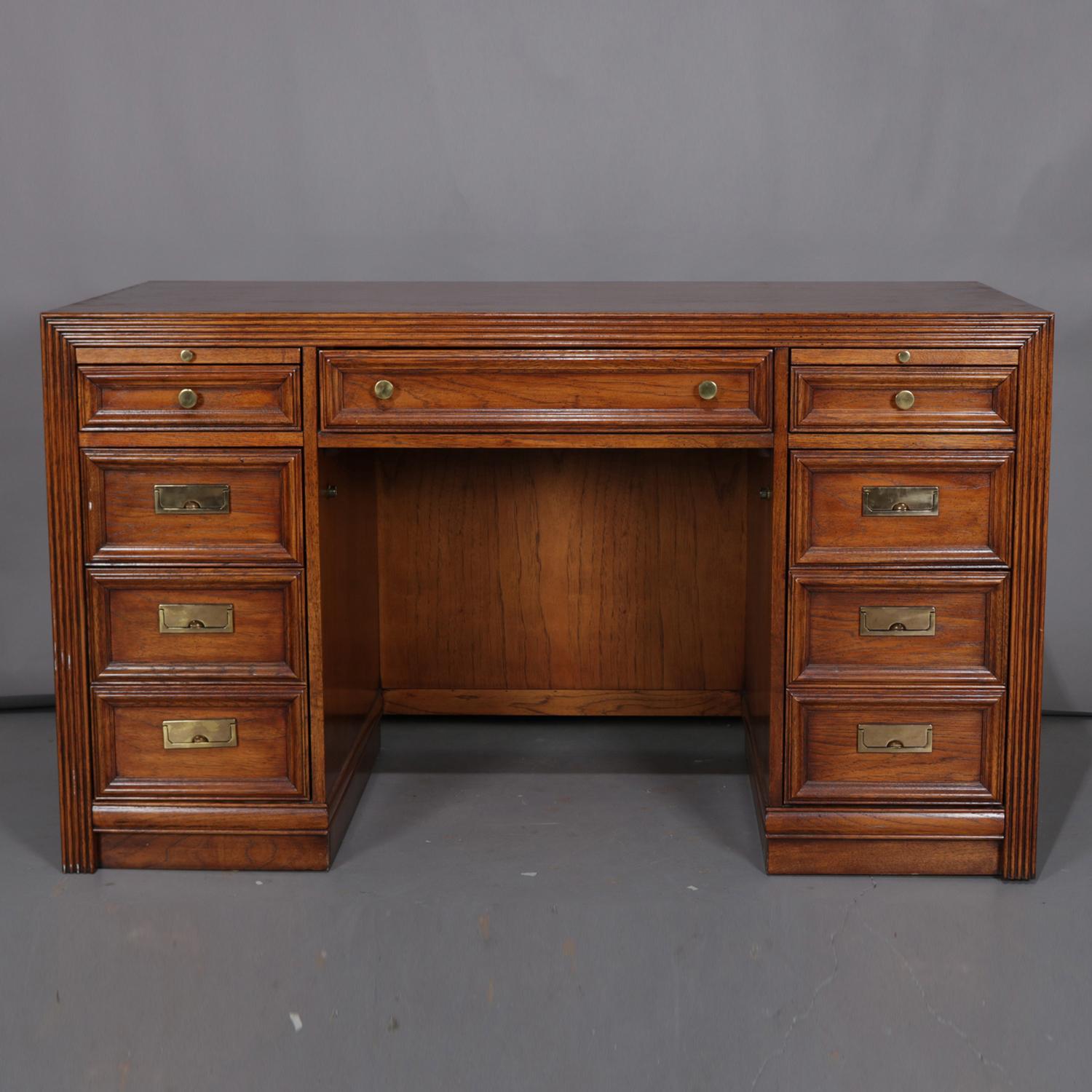 American Thomasville Double Pedestal Oak Campaign Desk with Chair, 20th Century