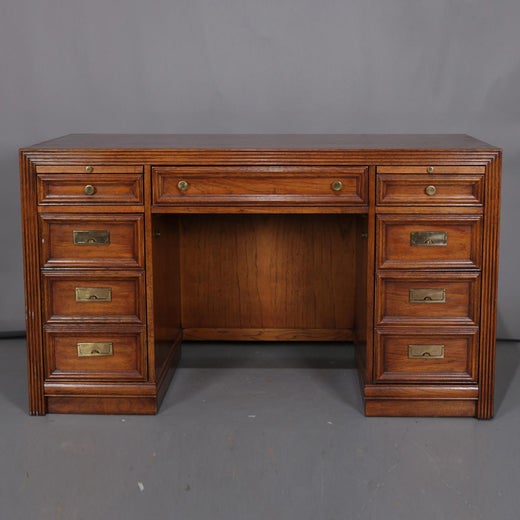 Thomasville Double Pedestal Oak Campaign Desk With Chair 20th