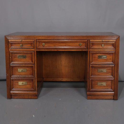 Thomasville Double Pedestal Oak Campaign Desk With Chair 20th