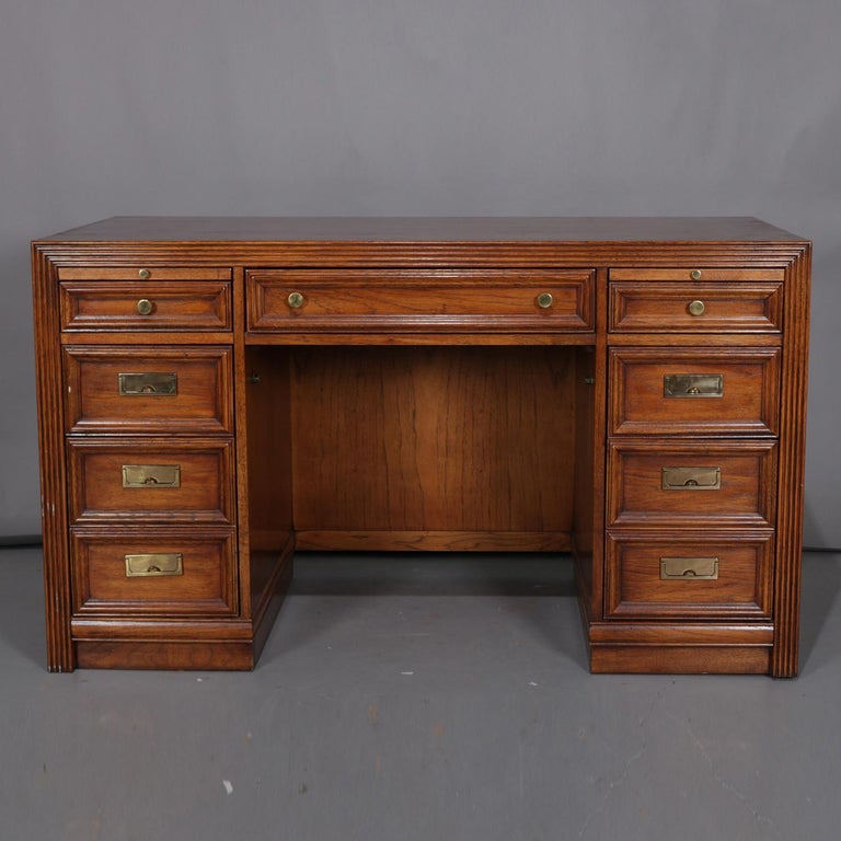 Thomasville Double Pedestal Oak Campaign Desk with Chair, 20th Century