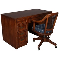Thomasville Double Pedestal Oak Campaign Desk with Chair, 20th Century