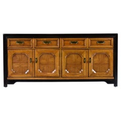 Thomasville Embassy Wood Inlay Asian Modern Campaign Style Brass Accent Credenza