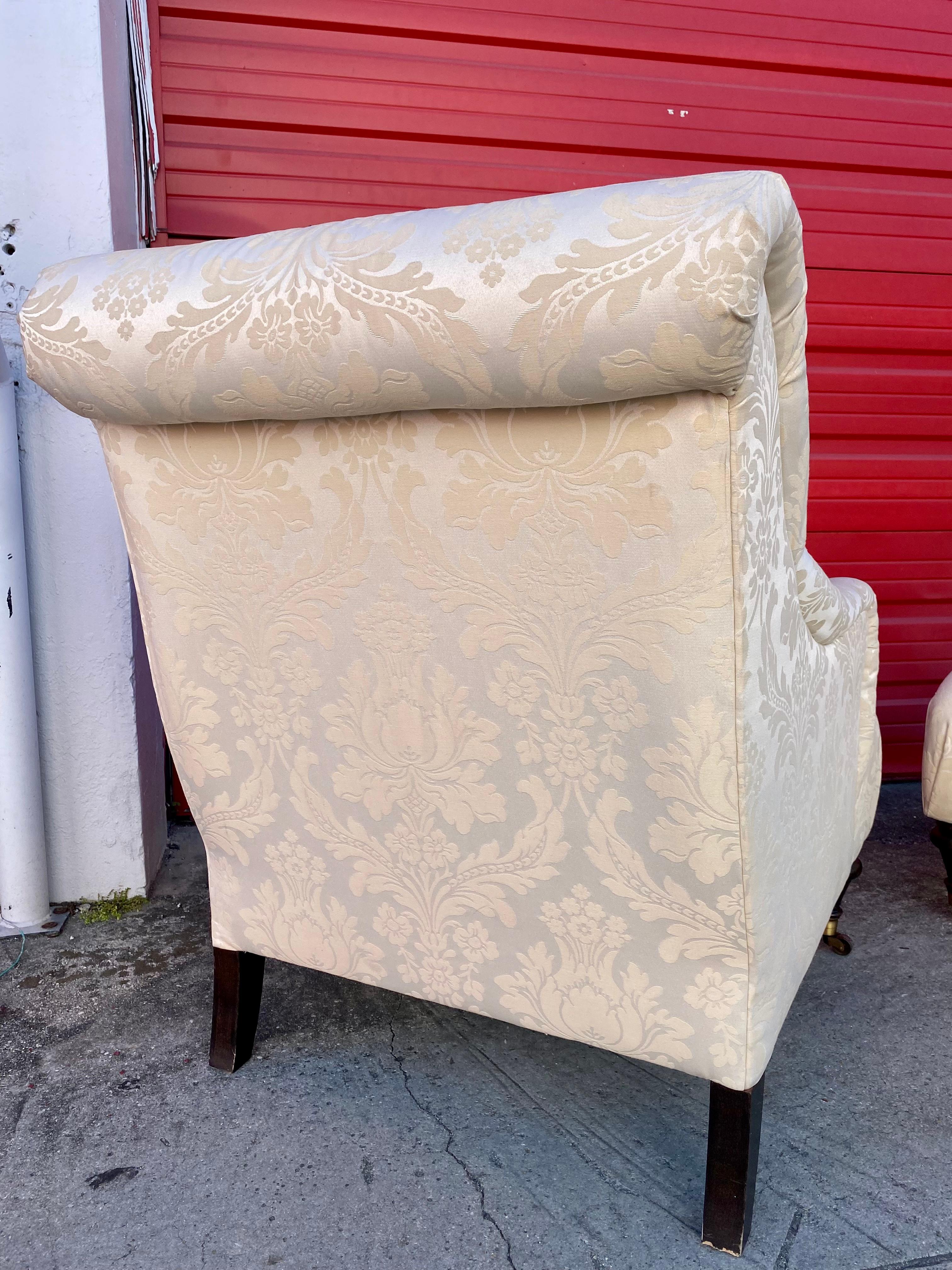 Thomasville English Light Beige Damask Silk Chairs on Castors, Set of 2 For Sale 6