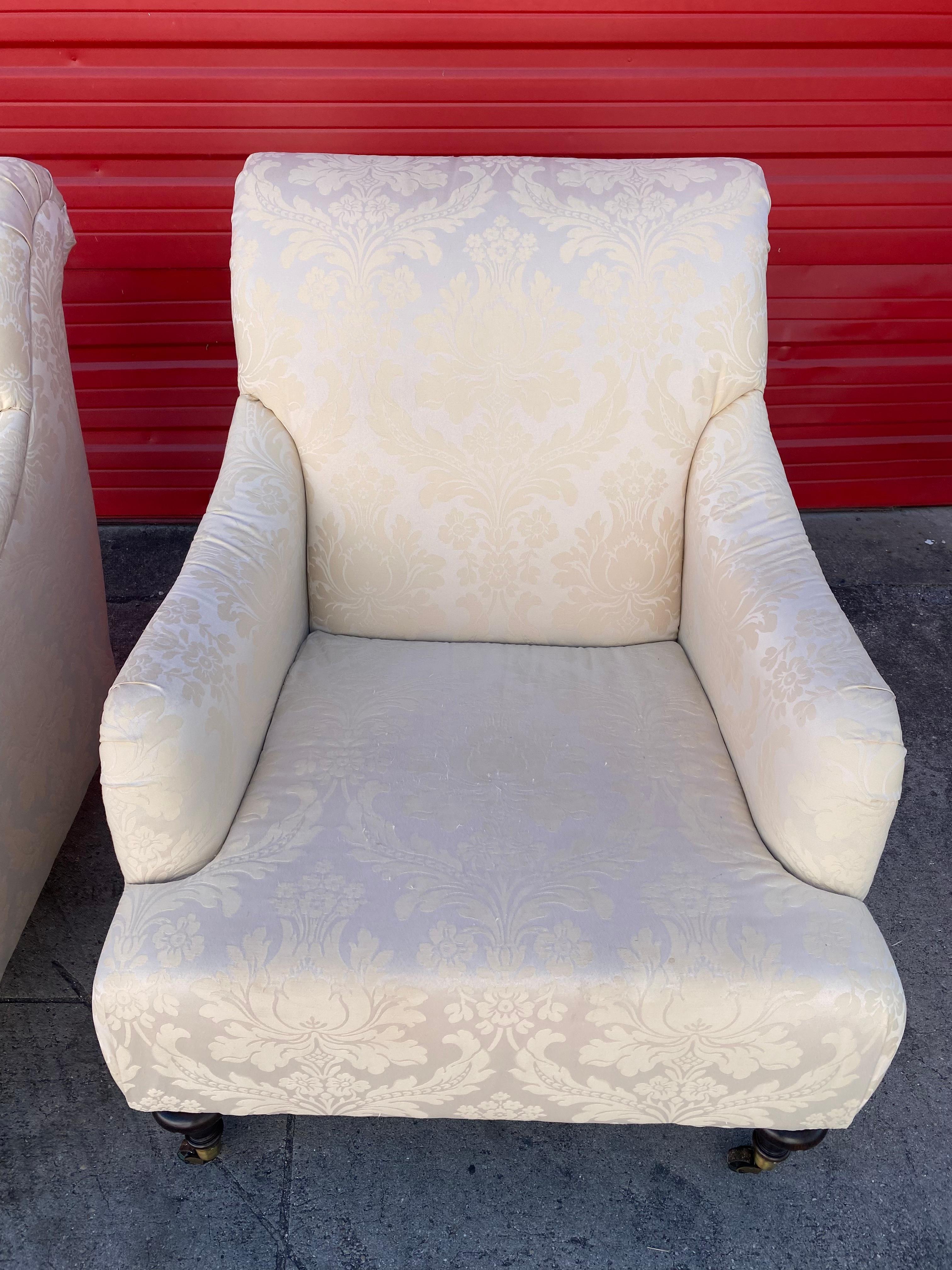 Thomasville English Light Beige Damask Silk Chairs on Castors, Set of 2 For Sale 10