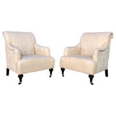 Englische hellbeige Damast-Sessel von Thomasville auf Rollen, 2er-Set