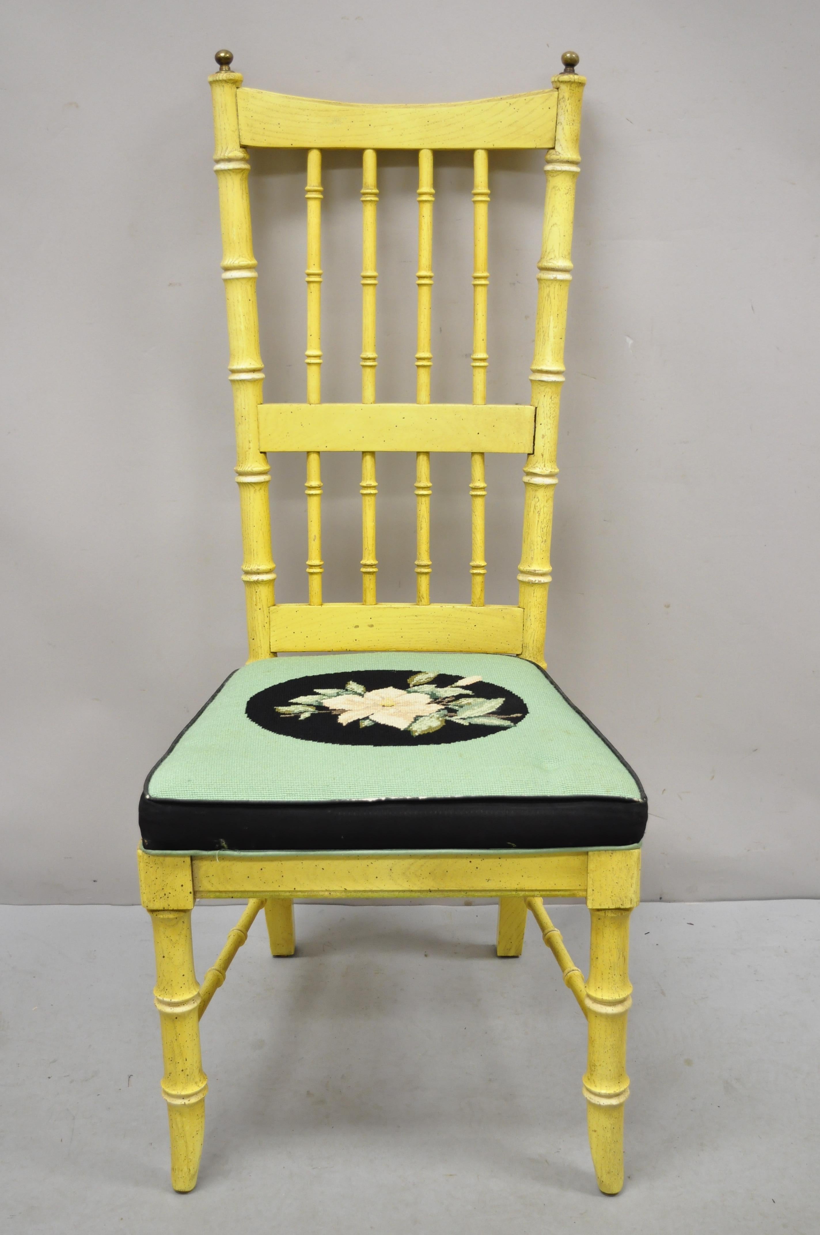 Thomasville faux bamboo Chinese Chippendale brass finial wood dining chairs - Set of 6. Listing includes (2) armchairs, (4) side chairs, original yellow painted finish, brass ball form finials, floral tapestry upholstered seats, solid wood frames,