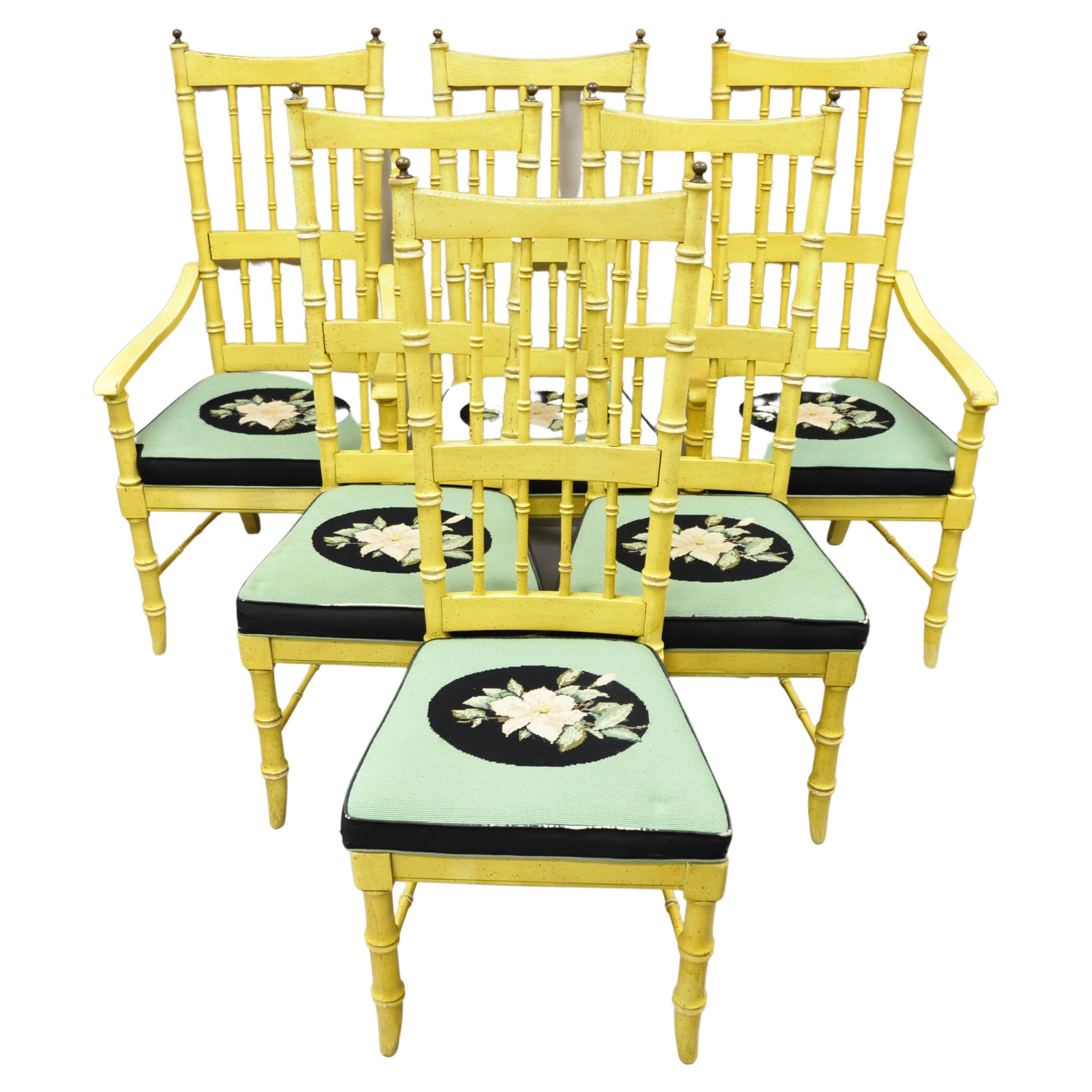 Thomasville Faux Bamboo Chinese Chippendale Brass Finial Wood Chairs, Set of 6