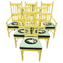 Vintage Thomasville Faux Bamboo Chinese Chippendale Brass Finial Wood Chairs, Set of 6