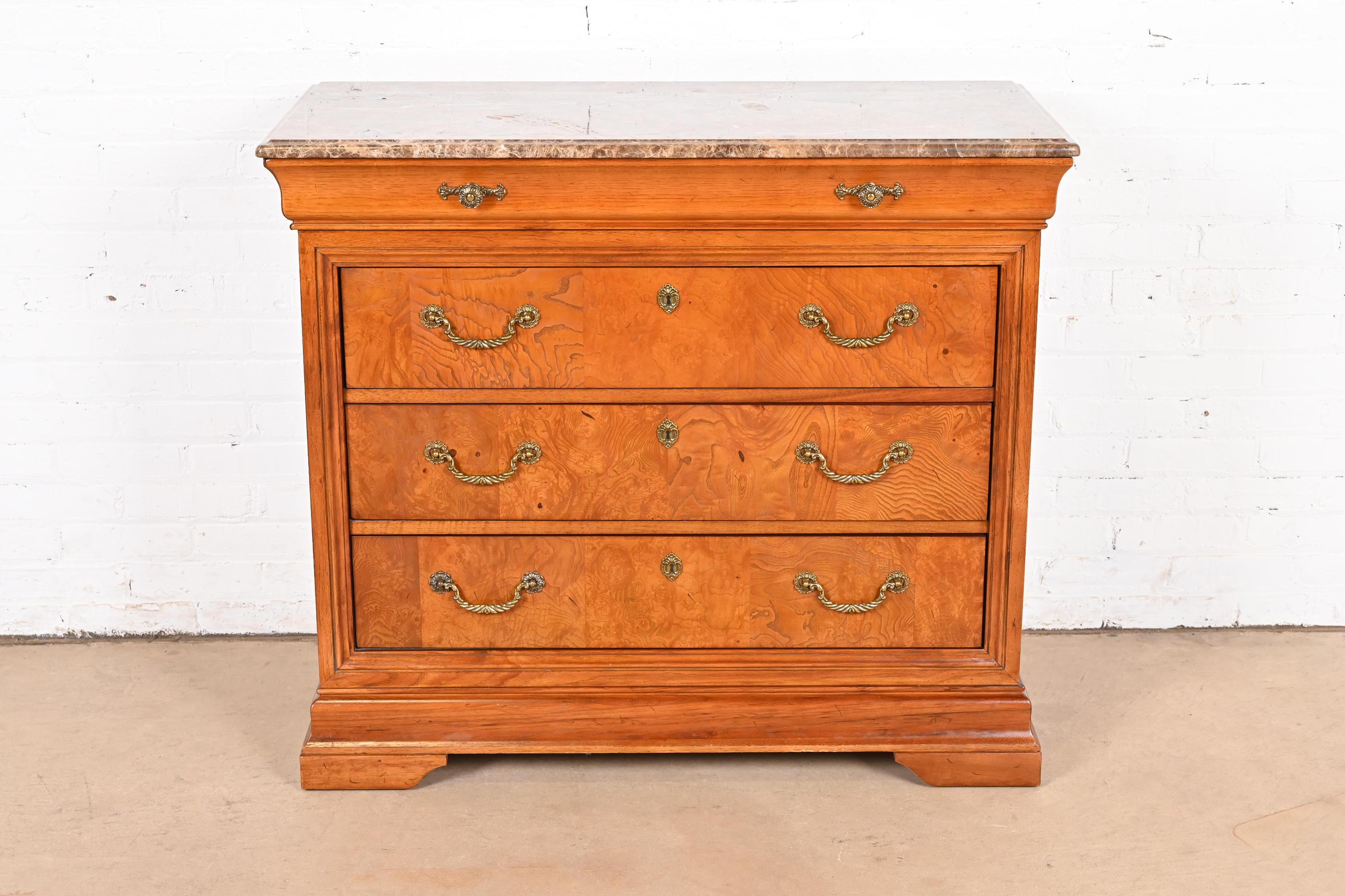 Empire Thomasville French Louis Philippe Burl Wood Marble Top Four-Drawer Dresser Chest For Sale
