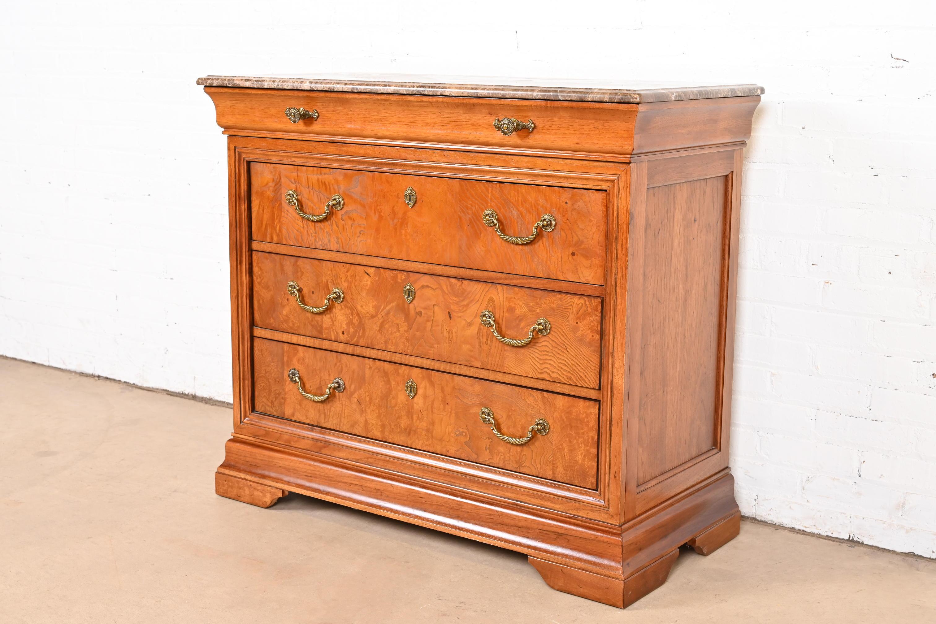 American Thomasville French Louis Philippe Burl Wood Marble Top Four-Drawer Dresser Chest For Sale