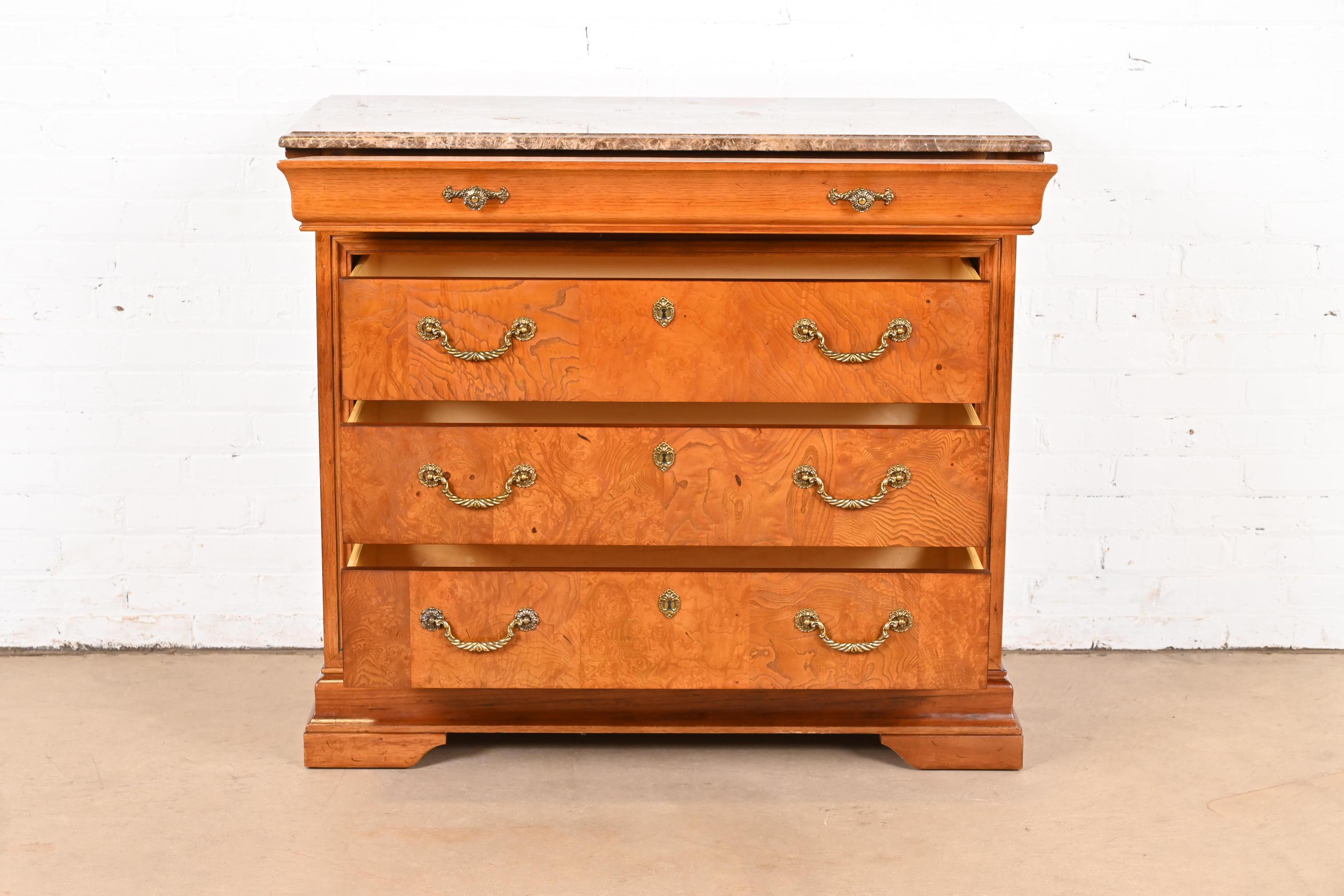 20th Century Thomasville French Louis Philippe Burl Wood Marble Top Four-Drawer Dresser Chest For Sale