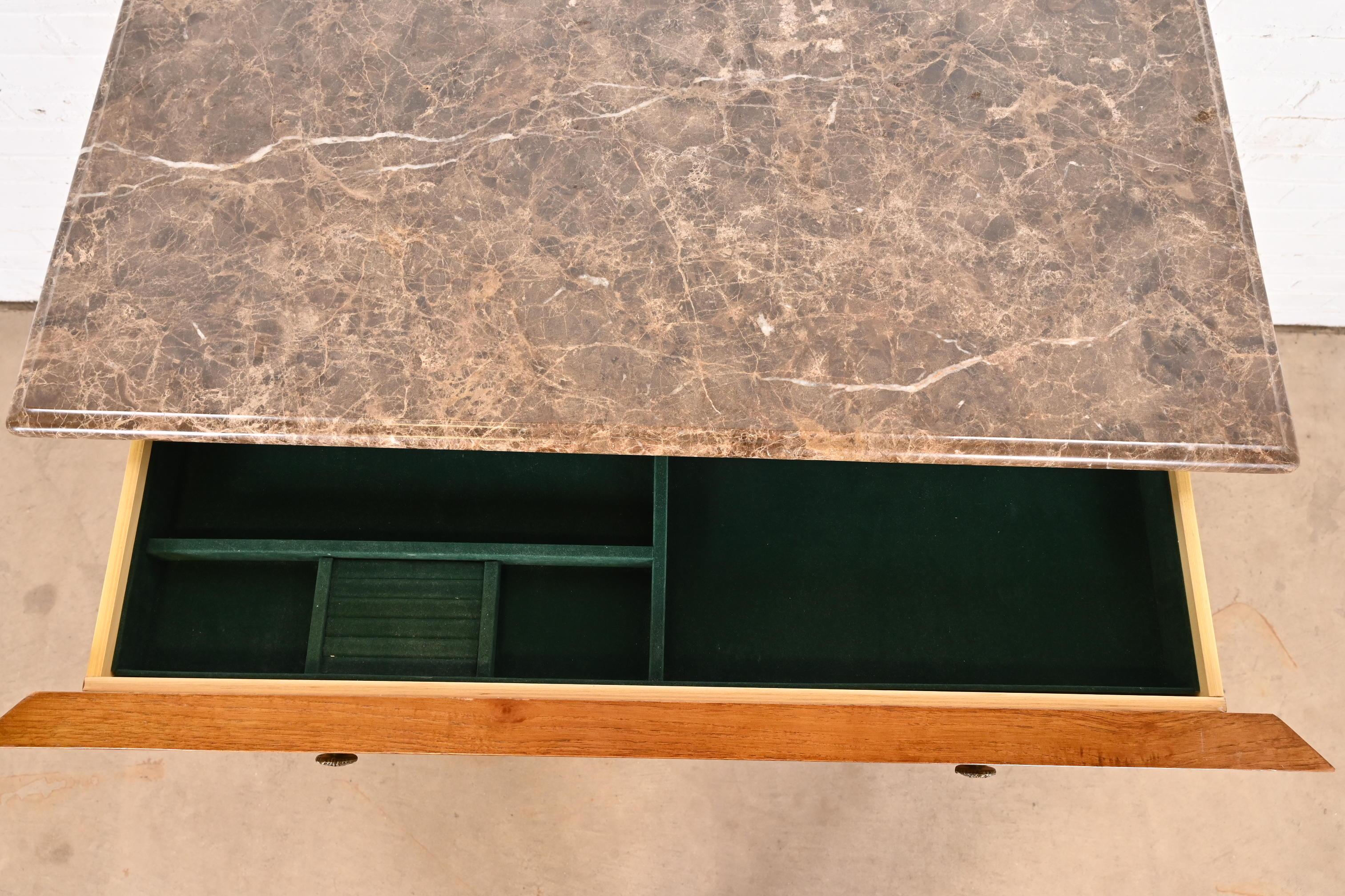 Brass Thomasville French Louis Philippe Burl Wood Marble Top Four-Drawer Dresser Chest For Sale