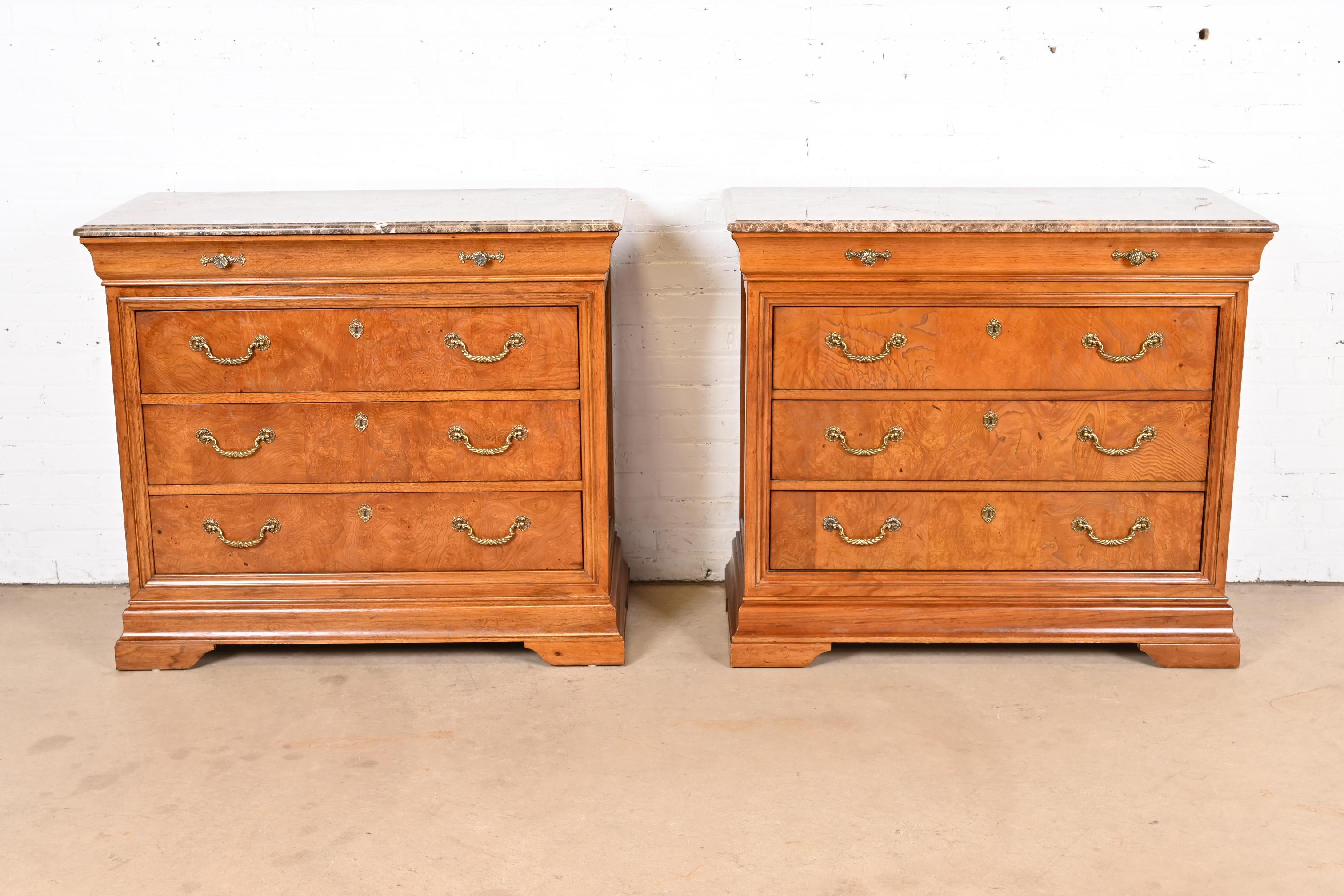 Empire Thomasville French Louis Philippe Burlwood Marble Top Four-Drawer Dresser Chests For Sale