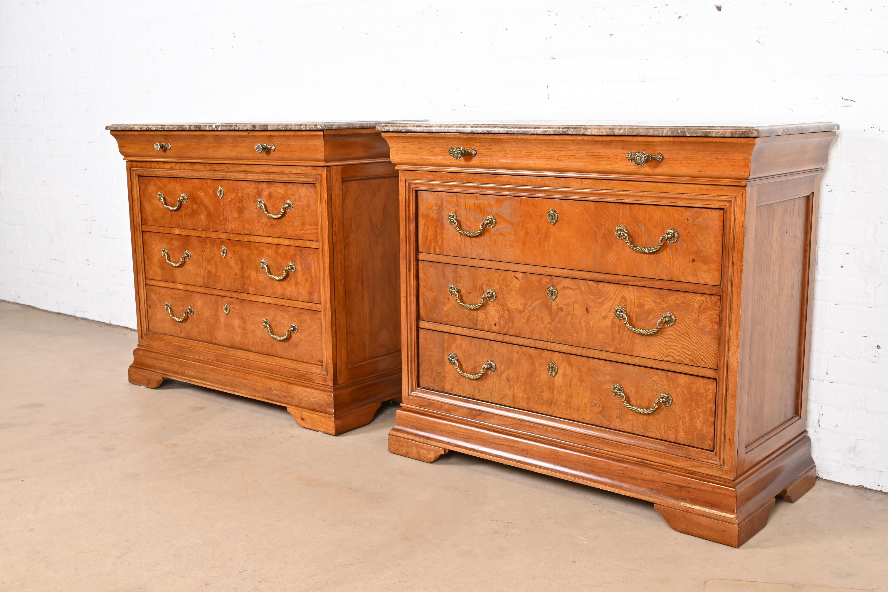American Thomasville French Louis Philippe Burlwood Marble Top Four-Drawer Dresser Chests For Sale