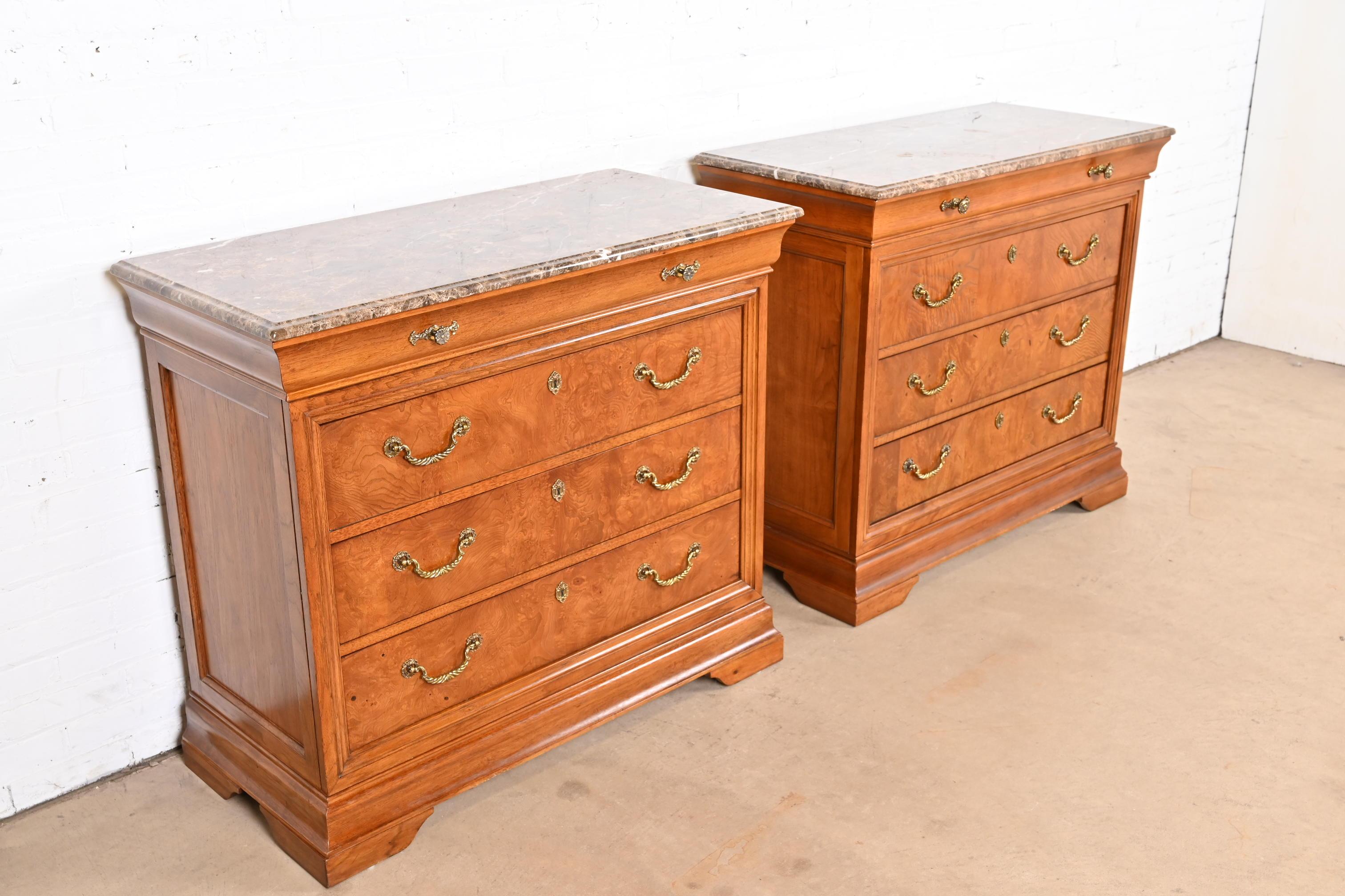 Thomasville French Louis Philippe Burlwood Marble Top Four-Drawer Dresser Chests In Good Condition For Sale In South Bend, IN