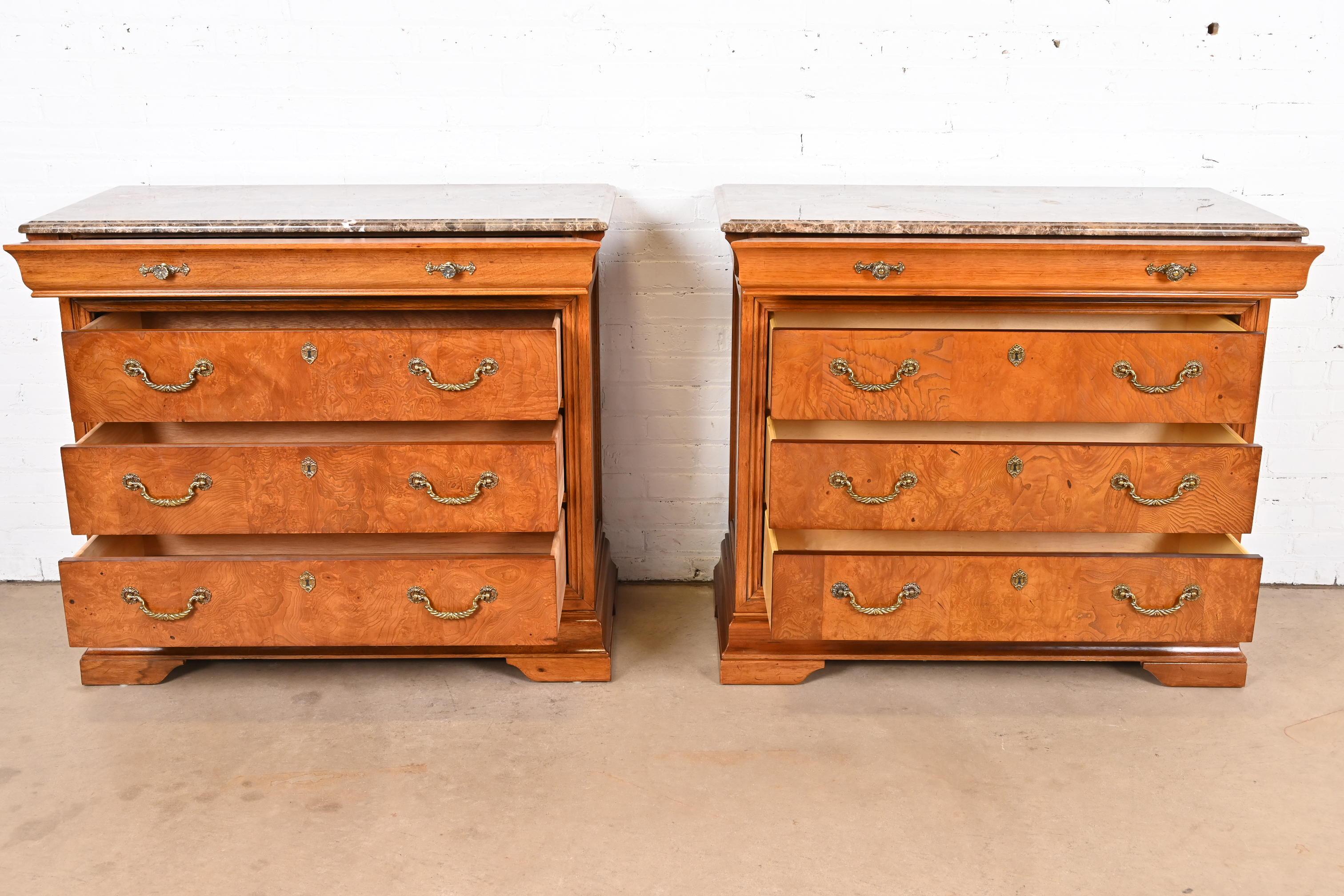 20th Century Thomasville French Louis Philippe Burlwood Marble Top Four-Drawer Dresser Chests For Sale